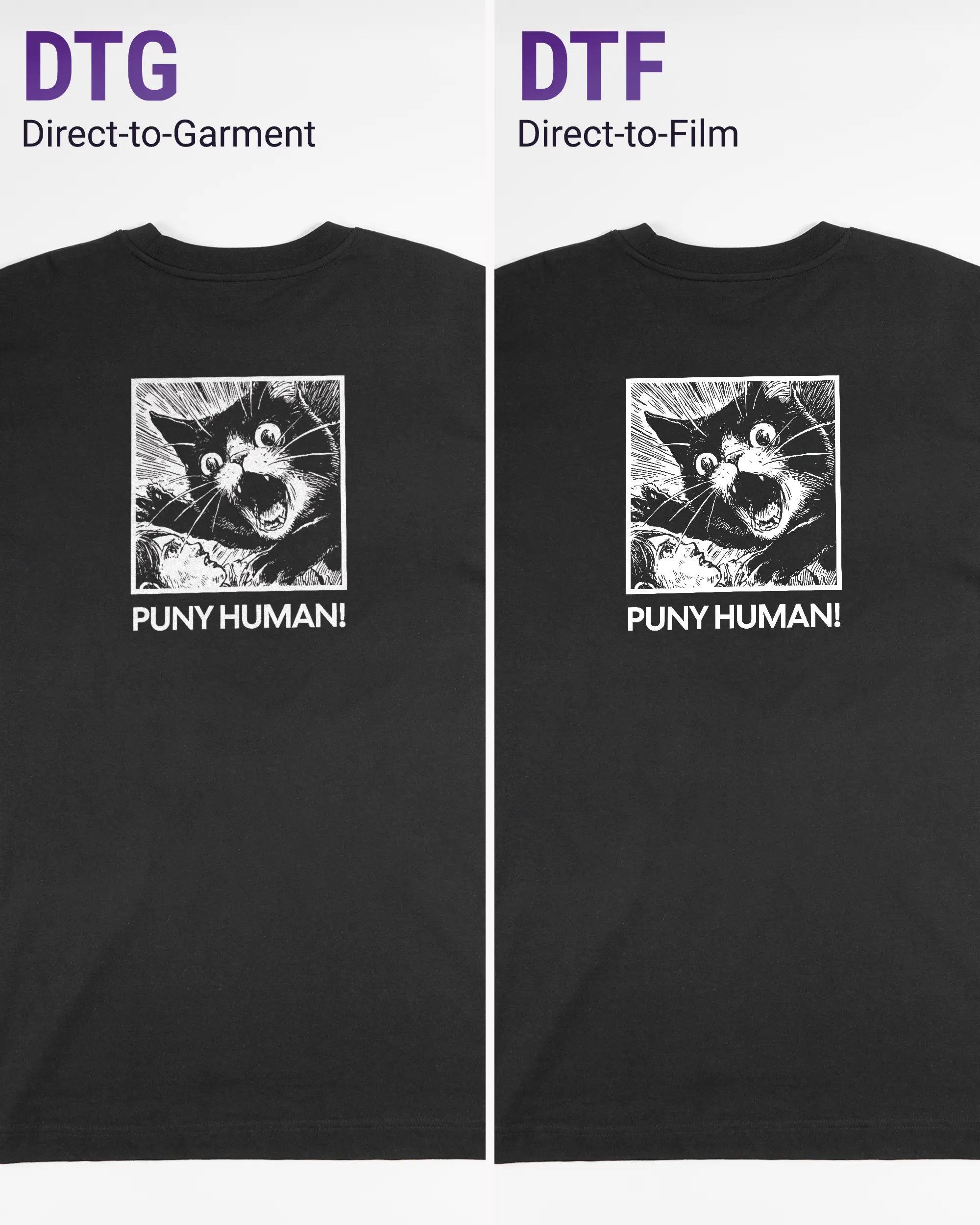 Vergleich der Rückseiten des Organic Unisex T-Shirt Heavy Oversized von Maondo mit dem Design Puny Human in der Farbe Black und in der Größe L links mit dem Direct-to-Garment und rechts mit dem Direct-to-Film Verfahren