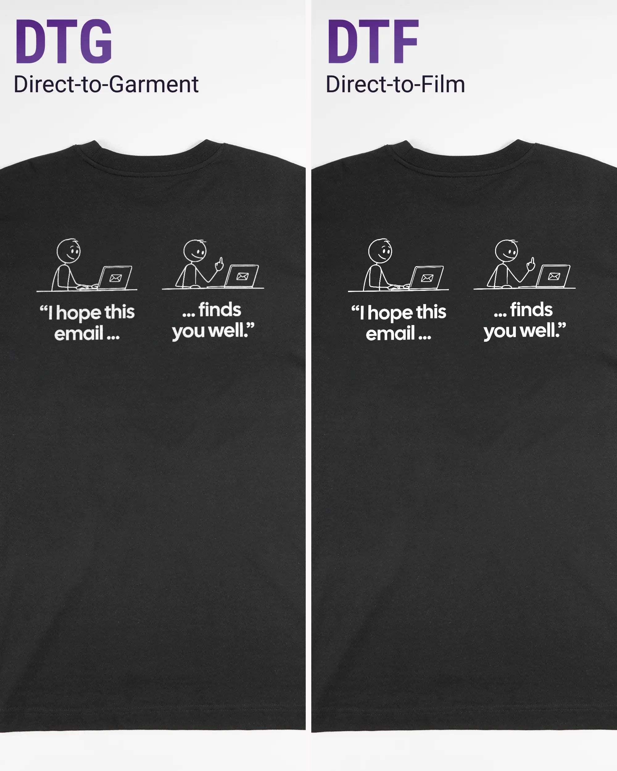 Vergleich der Rückseiten des Organic Unisex T-Shirt Heavy Oversized von Maondo mit dem Design Found me not well in der Farbe Black und in der Größe L links mit dem Direct-to-Garment und rechts mit dem Direct-to-Film Verfahren