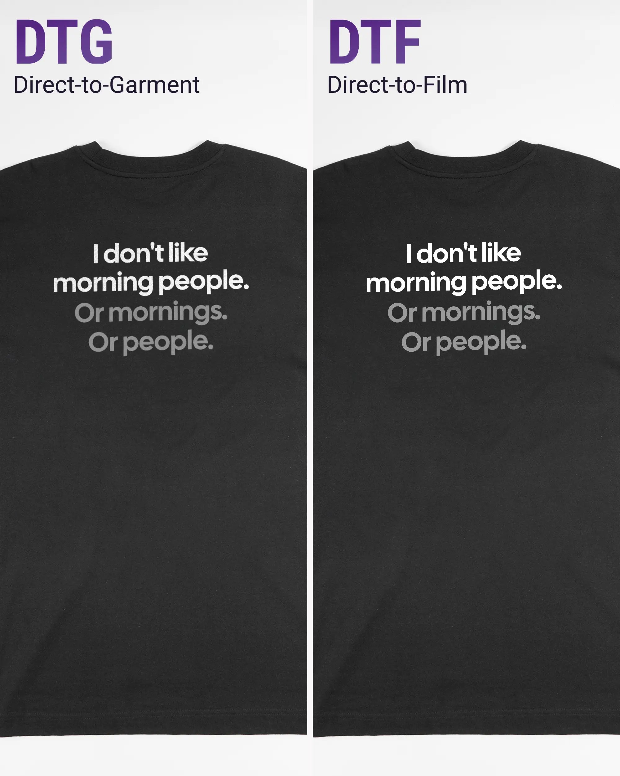 Vergleich der Rückseiten des Organic Unisex T-Shirt Heavy Oversized von Maondo mit dem Design Morning Person in der Farbe Black und in der Größe L links mit dem Direct-to-Garment und rechts mit dem Direct-to-Film Verfahren