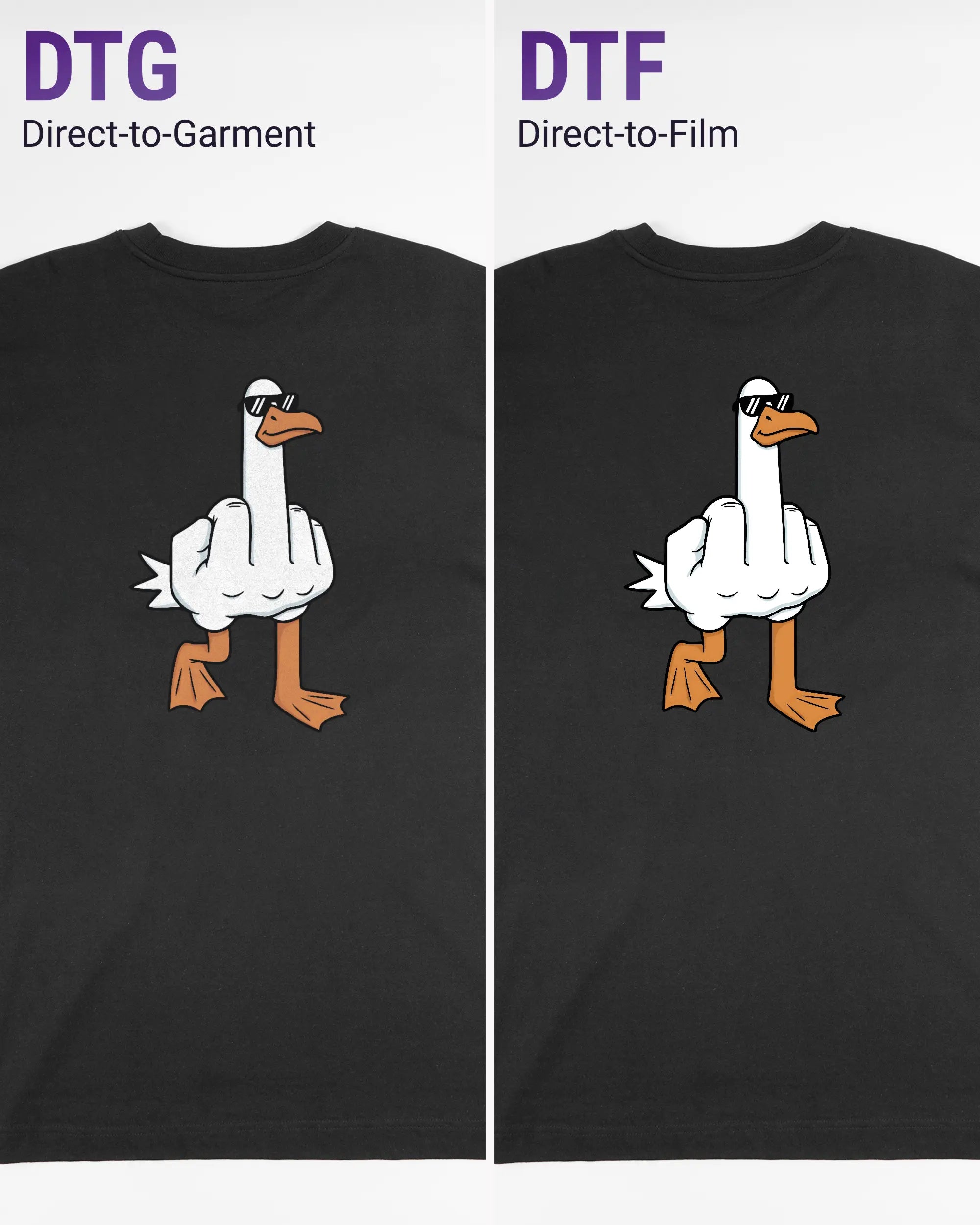 Vergleich der Rückseiten des Organic Unisex T-Shirt Heavy Oversized von Maondo mit dem Design I give a duck in der Farbe Black und in der Größe L links mit dem Direct-to-Garment und rechts mit dem Direct-to-Film Verfahren