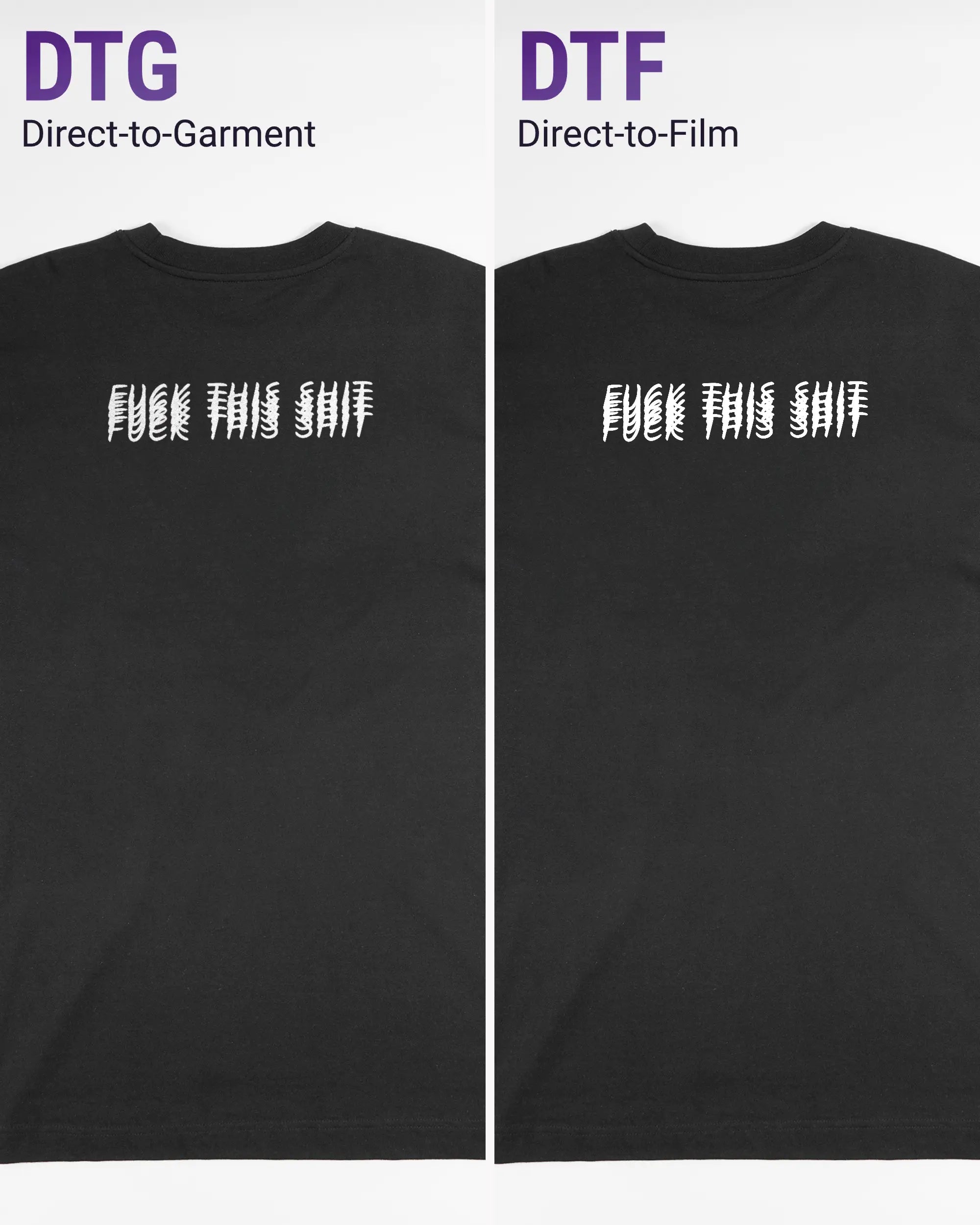 Vergleich der Rückseiten des Organic Unisex T-Shirt Heavy Oversized von Maondo mit dem Design Hidden Message in der Farbe Black und in der Größe L links mit dem Direct-to-Garment und rechts mit dem Direct-to-Film Verfahren