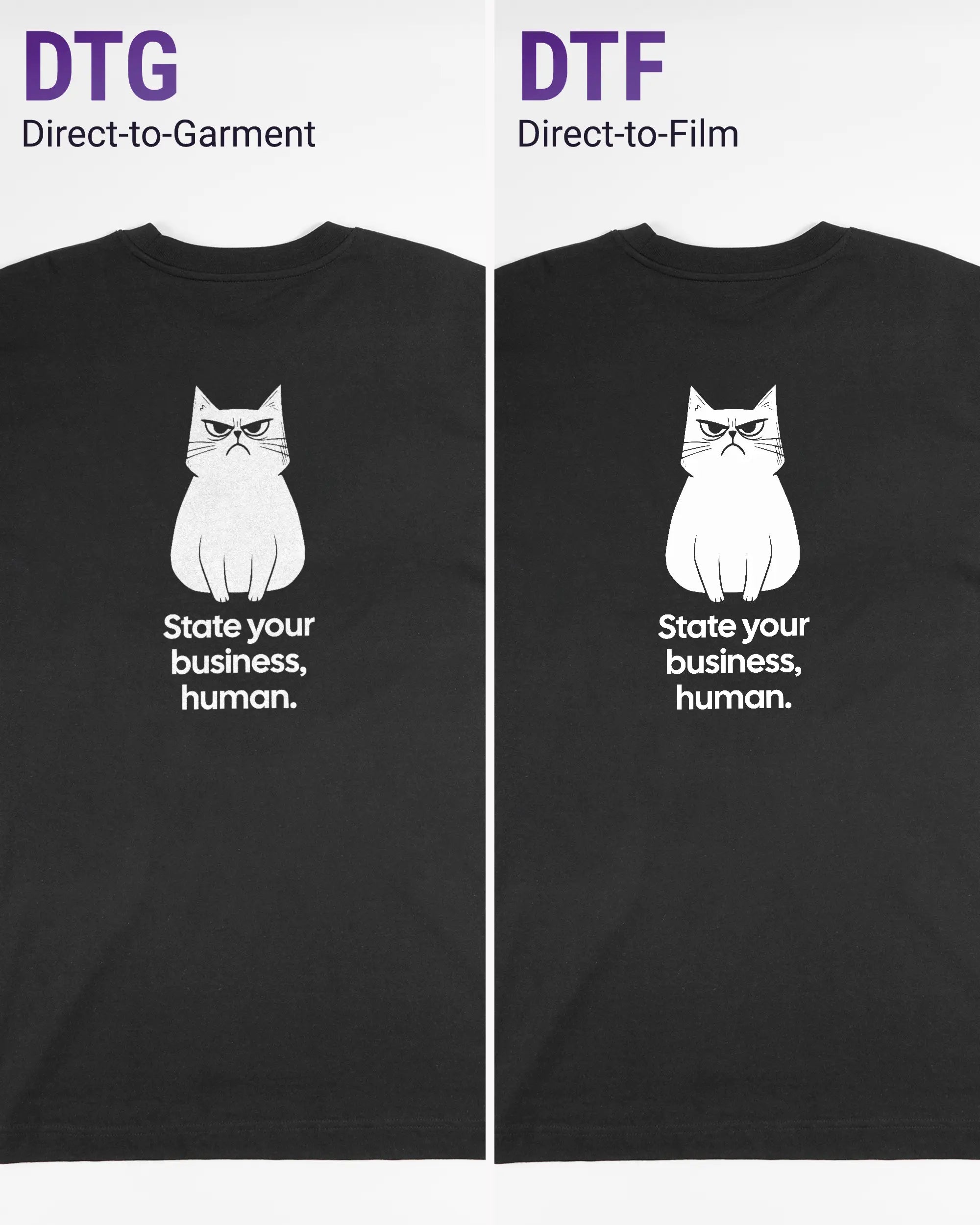 Vergleich der Rückseiten des Organic Unisex T-Shirt Heavy Oversized von Maondo mit dem Design Grumpy Purr in der Farbe Black und in der Größe L links mit dem Direct-to-Garment und rechts mit dem Direct-to-Film Verfahren