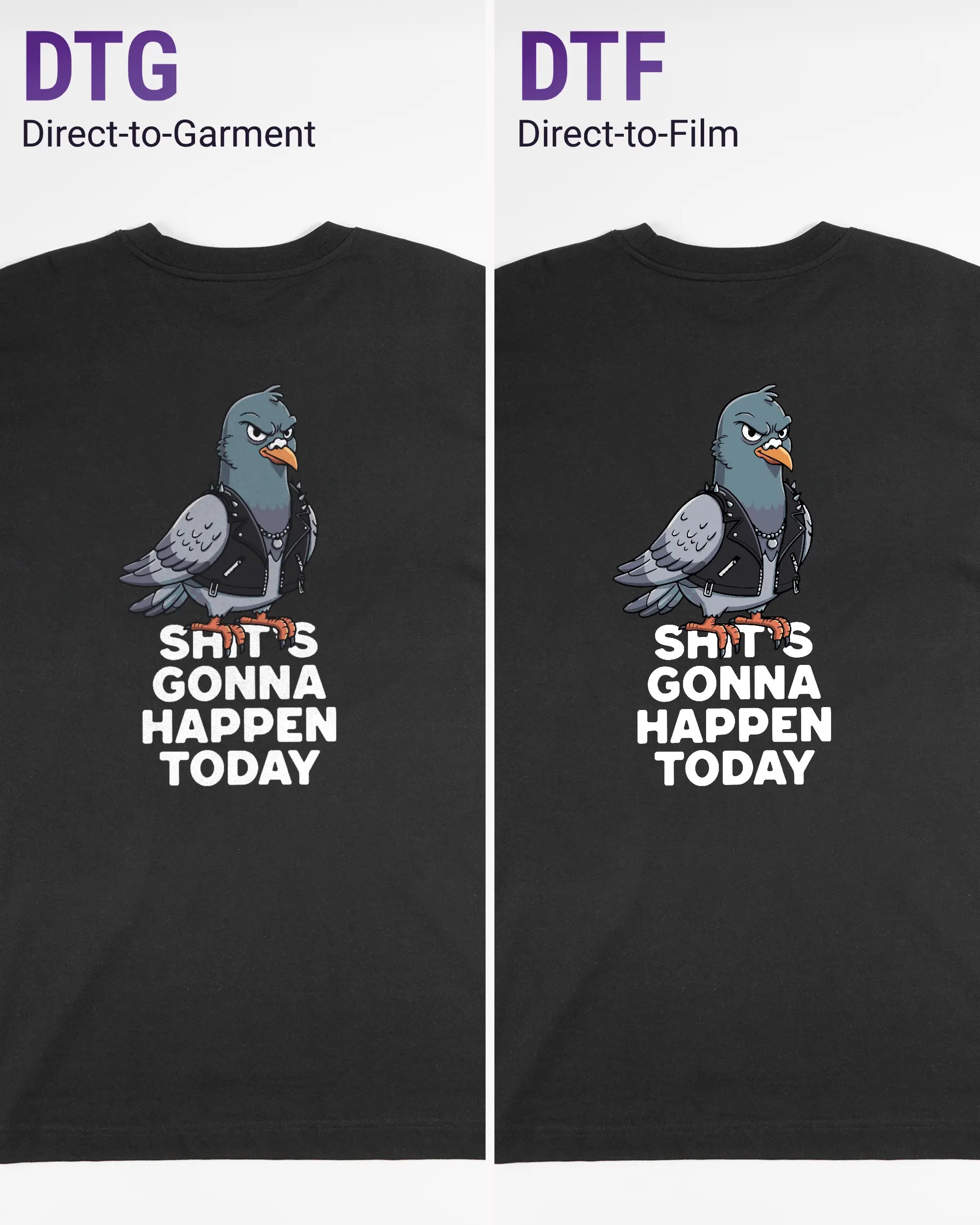 Vergleich der Rückseiten des Organic Unisex T-Shirt Heavy Oversized von Maondo mit dem Design Pigeon Pun in der Farbe Black und in der Größe L links mit dem Direct-to-Garment und rechts mit dem Direct-to-Film Verfahren