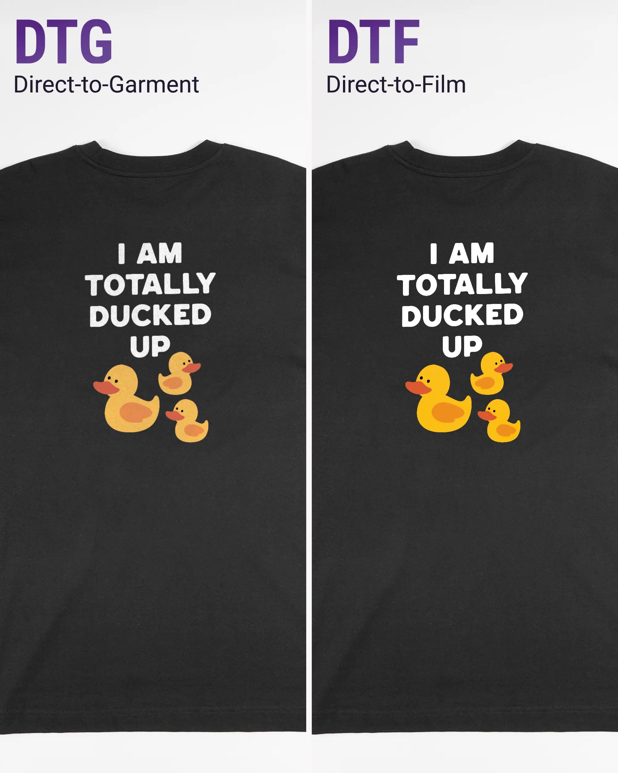 Vergleich der Rückseiten des Organic Unisex T-Shirt Heavy Oversized von Maondo mit dem Design Ducked Up in der Farbe Black und in der Größe L links mit dem Direct-to-Garment und rechts mit dem Direct-to-Film Verfahren