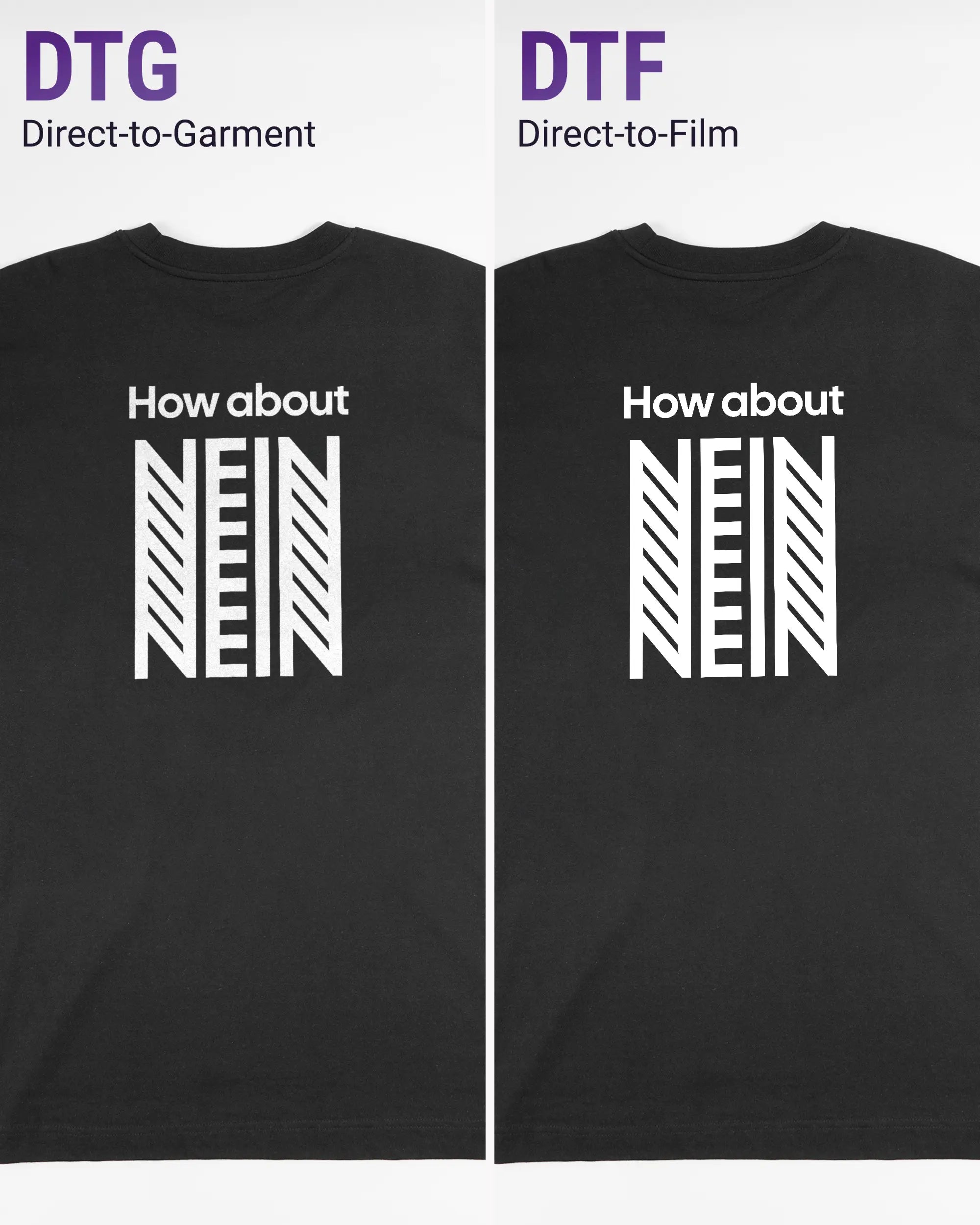 Vergleich der Rückseiten des Organic Unisex T-Shirt Heavy Oversized von Maondo mit dem Design How about nein in der Farbe Black und in der Größe L links mit dem Direct-to-Garment und rechts mit dem Direct-to-Film Verfahren