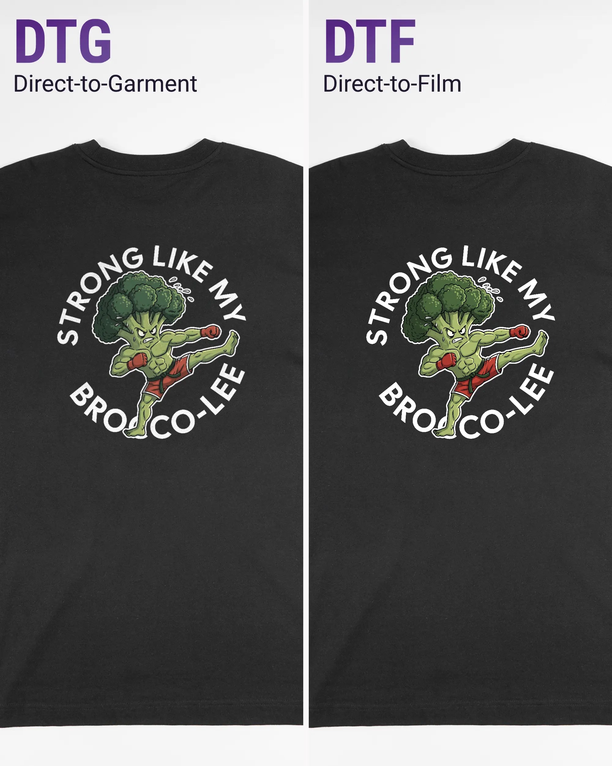 Vergleich der Rückseiten des Organic Unisex T-Shirt Heavy Oversized von Maondo mit dem Design Brocco-Lee in der Farbe Black und in der Größe L links mit dem Direct-to-Garment und rechts mit dem Direct-to-Film Verfahren