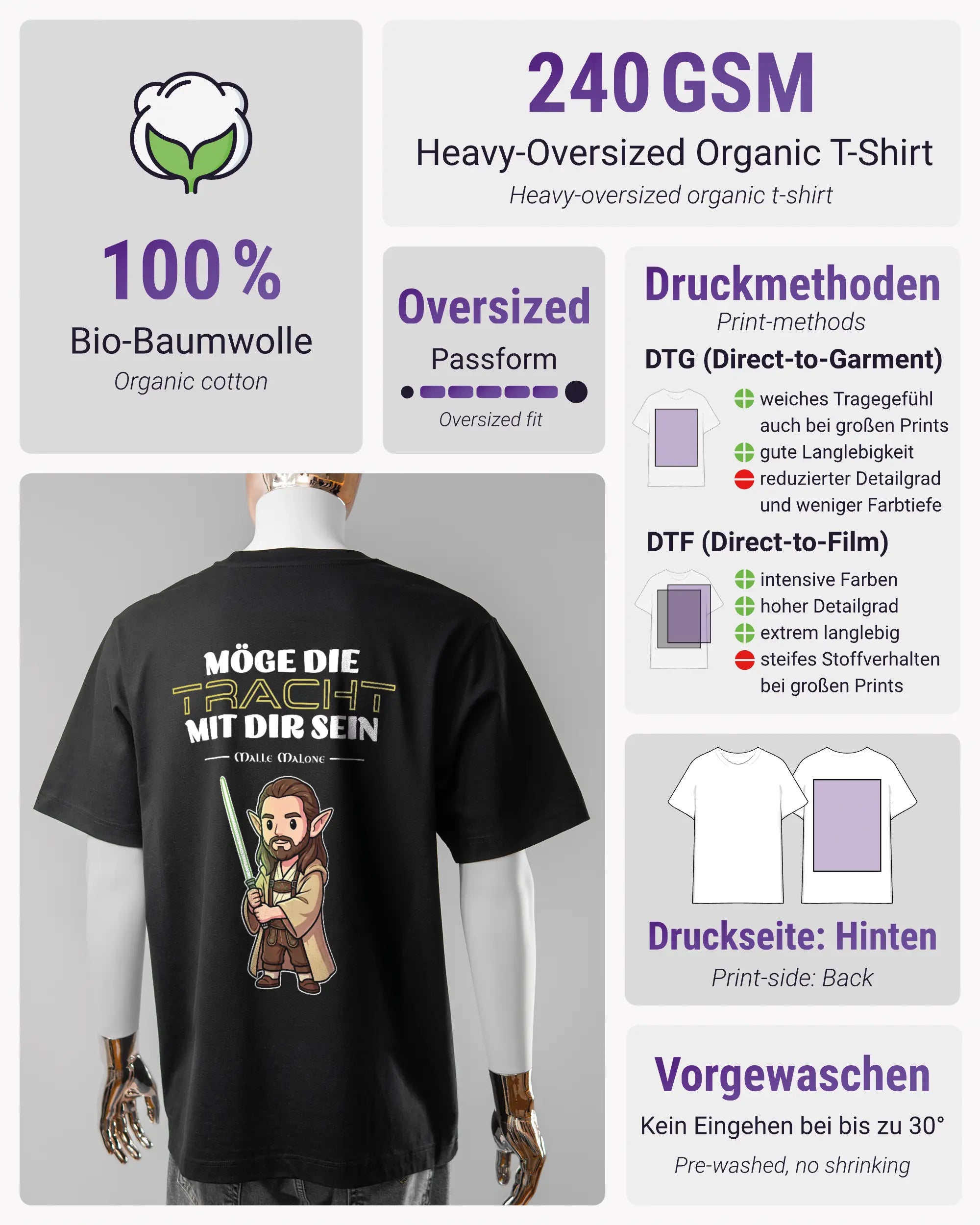 Produktinformationsblatt des Organic Unisex T-Shirt Heavy Oversized von Maondo mit dem Design Tracht mit dir hinten in der Farbe Black und in der Größe L