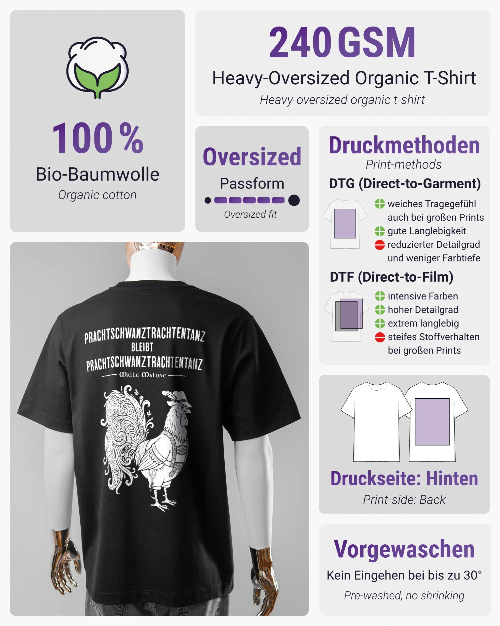 Produktinformationsblatt des Organic Unisex T-Shirt Heavy Oversized von Maondo mit dem Design Trachtentanz hinten in der Farbe Black und in der Größe L
