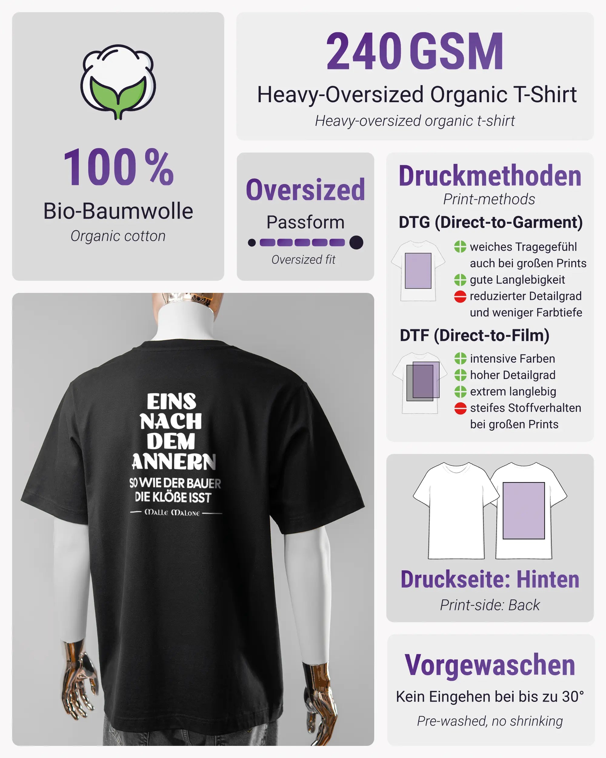 Produktinformationsblatt des Organic Unisex T-Shirt Heavy Oversized von Maondo mit dem Design Eins nach dem Annern hinten in der Farbe Black und in der Größe L