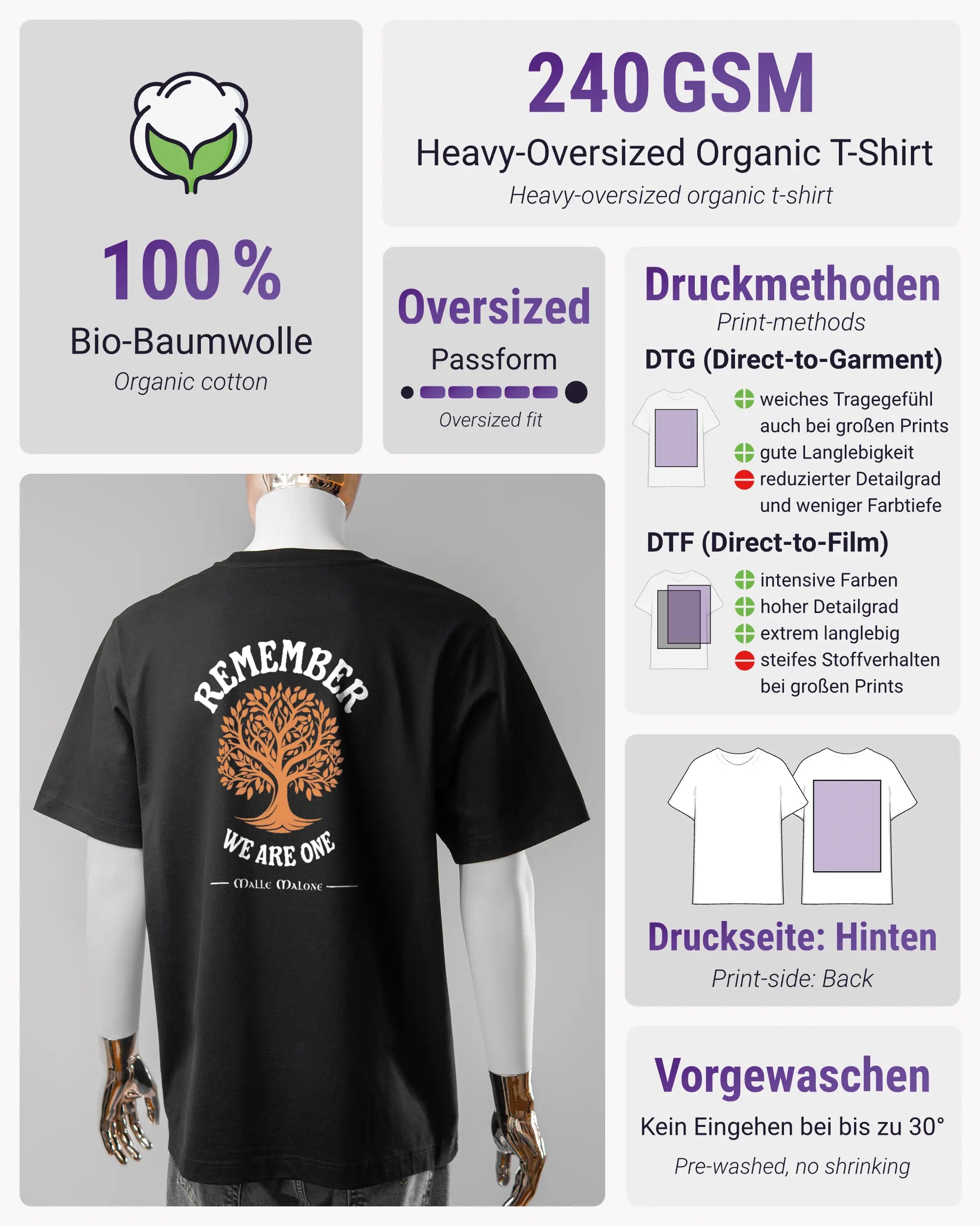 Produktinformationsblatt des Organic Unisex T-Shirt Heavy Oversized von Maondo mit dem Design We are one hinten in der Farbe Black und in der Größe L