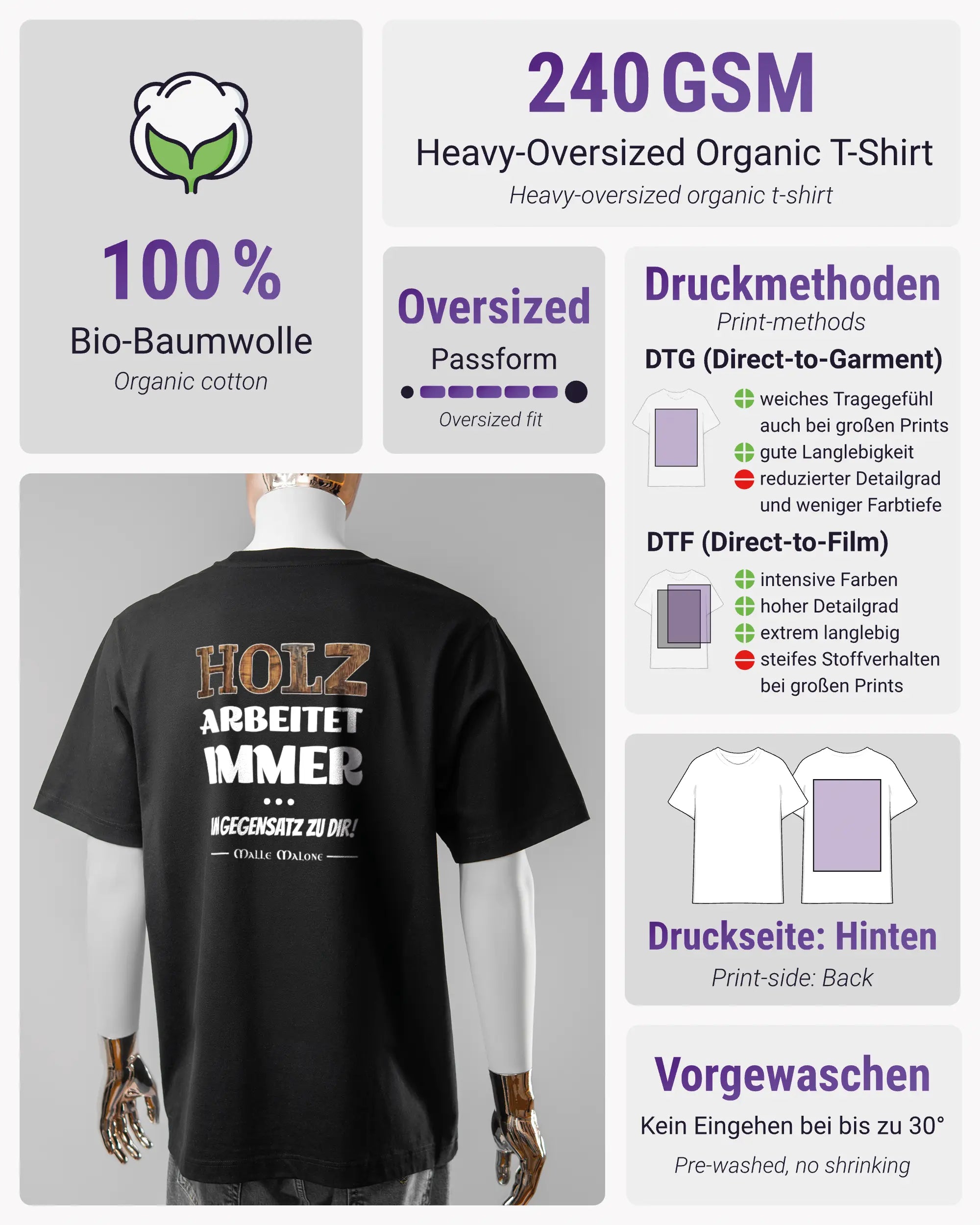 Produktinformationsblatt des Organic Unisex T-Shirt Heavy Oversized von Maondo mit dem Design Holzarbeit hinten in der Farbe Black und in der Größe L