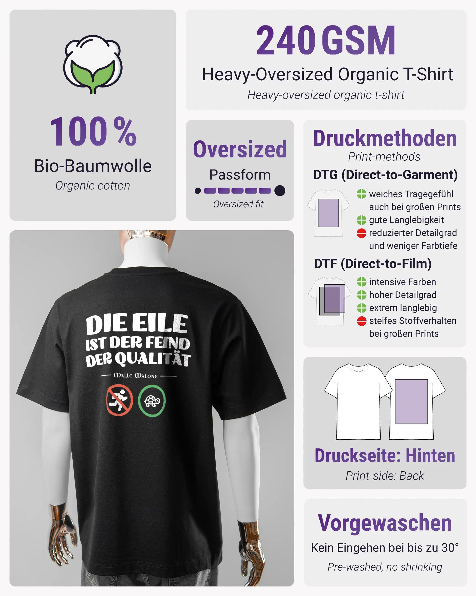 Produktinformationsblatt des Organic Unisex T-Shirt Heavy Oversized von Maondo mit dem Design Keine Eile hinten in der Farbe Black und in der Größe L