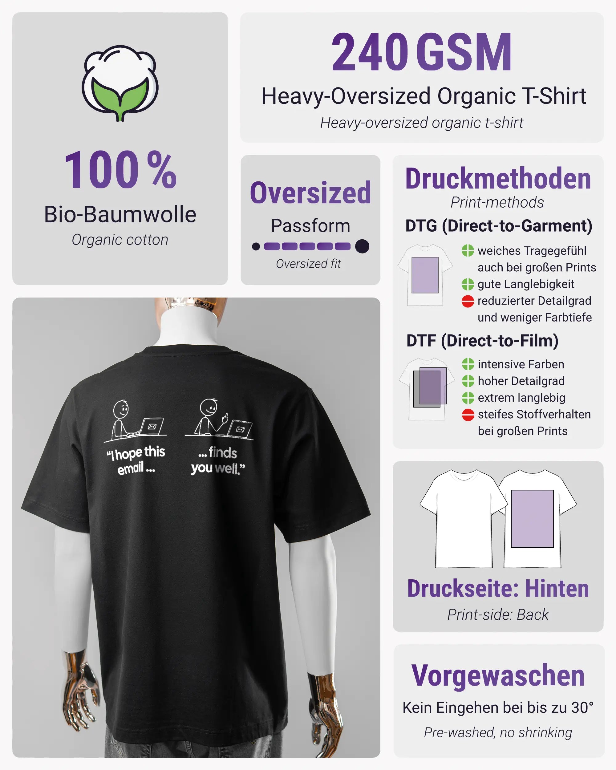 Produktinformationsblatt des Organic Unisex T-Shirt Heavy Oversized von Maondo mit dem Design Found me not well hinten in der Farbe Black und in der Größe L