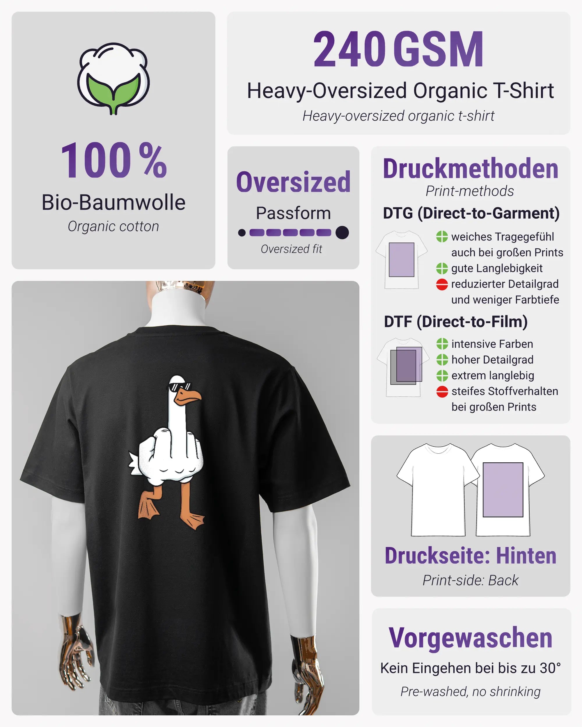Produktinformationsblatt des Organic Unisex T-Shirt Heavy Oversized von Maondo mit dem Design I give a duck hinten in der Farbe Black und in der Größe L