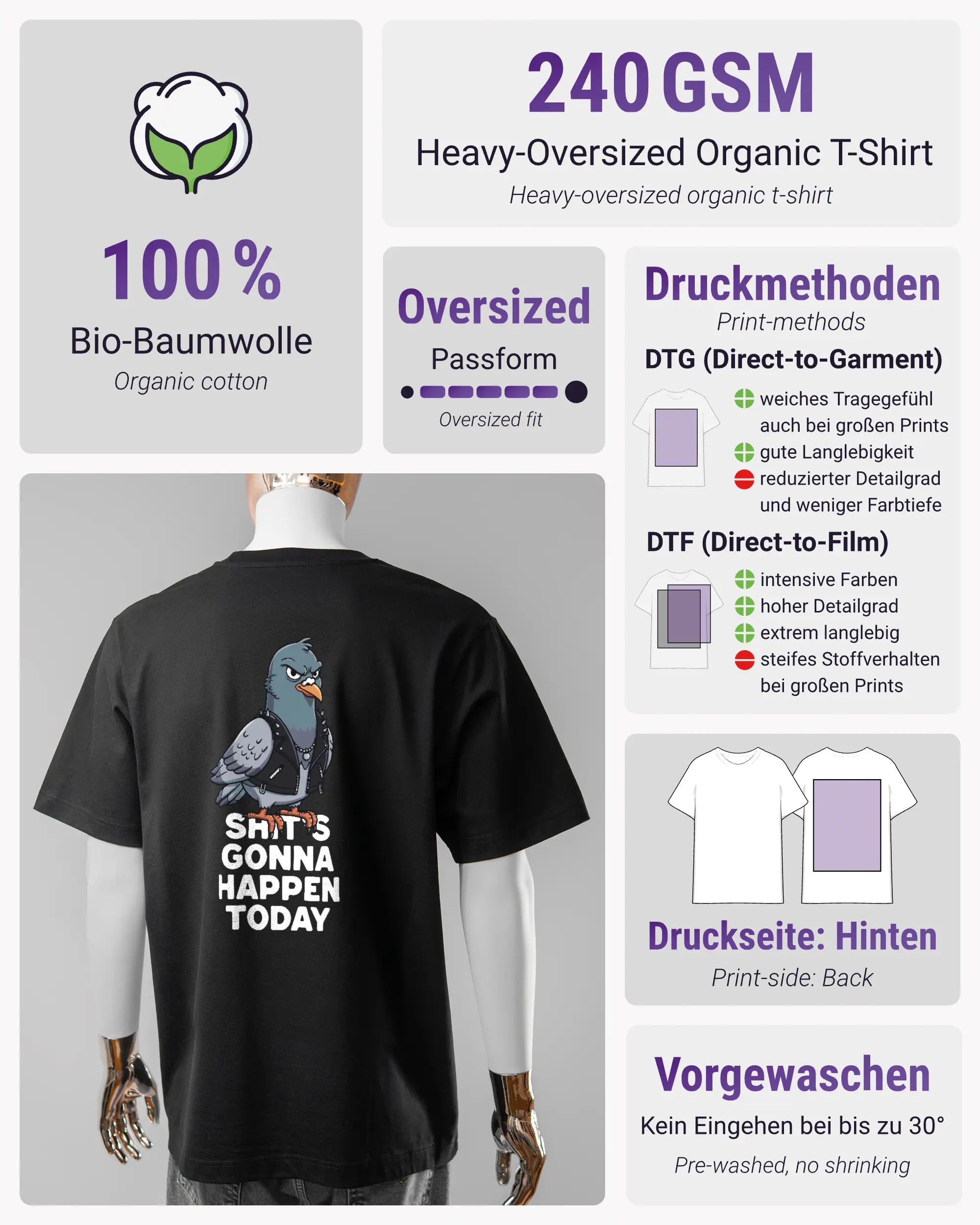 Produktinformationsblatt des Organic Unisex T-Shirt Heavy Oversized von Maondo mit dem Design Pigeon Pun hinten in der Farbe Black und in der Größe L