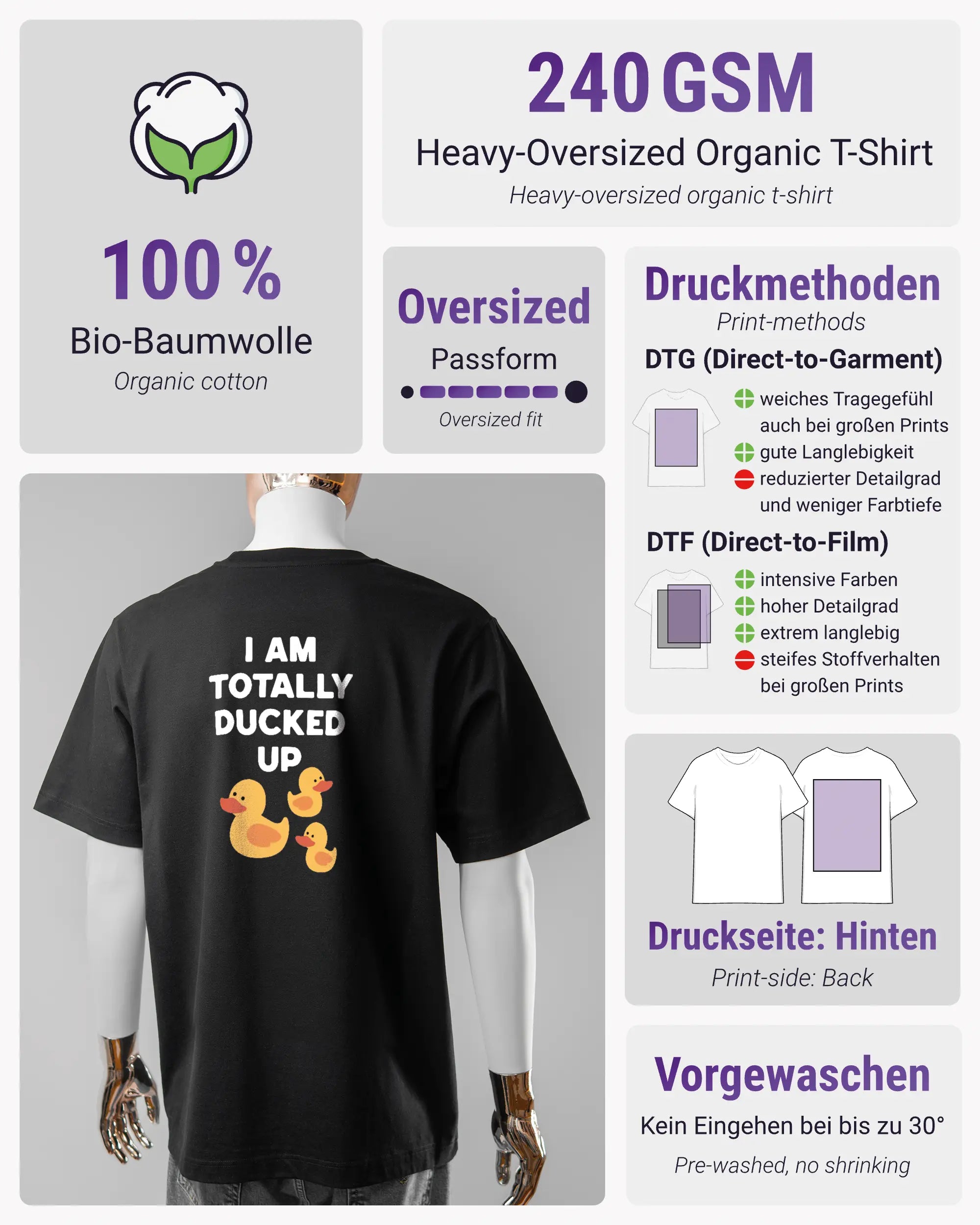 Produktinformationsblatt des Organic Unisex T-Shirt Heavy Oversized von Maondo mit dem Design Ducked Up hinten in der Farbe Black und in der Größe L