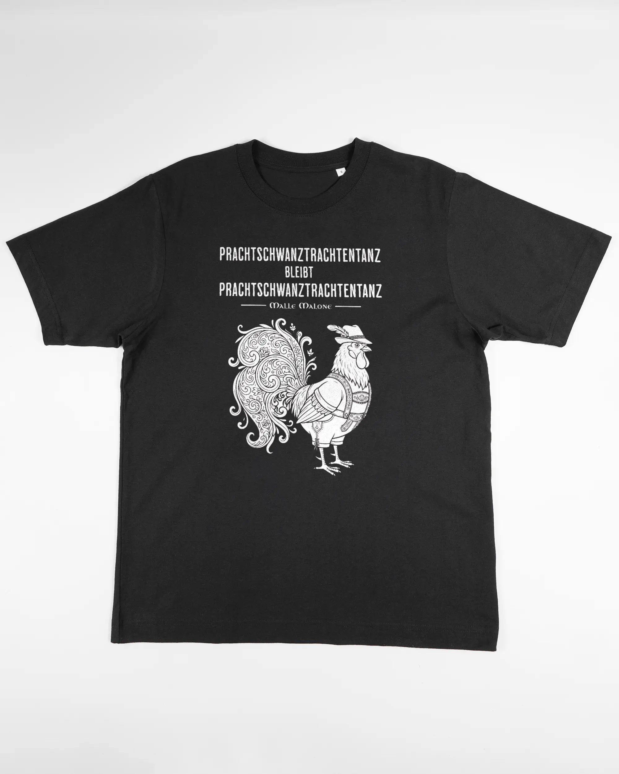 Vorderseite des Organic Unisex T-Shirt Heavy Oversized von Maondo mit dem Design Trachtentanz in der Farbe Black und in der Größe S flach auf den Boden gelegt