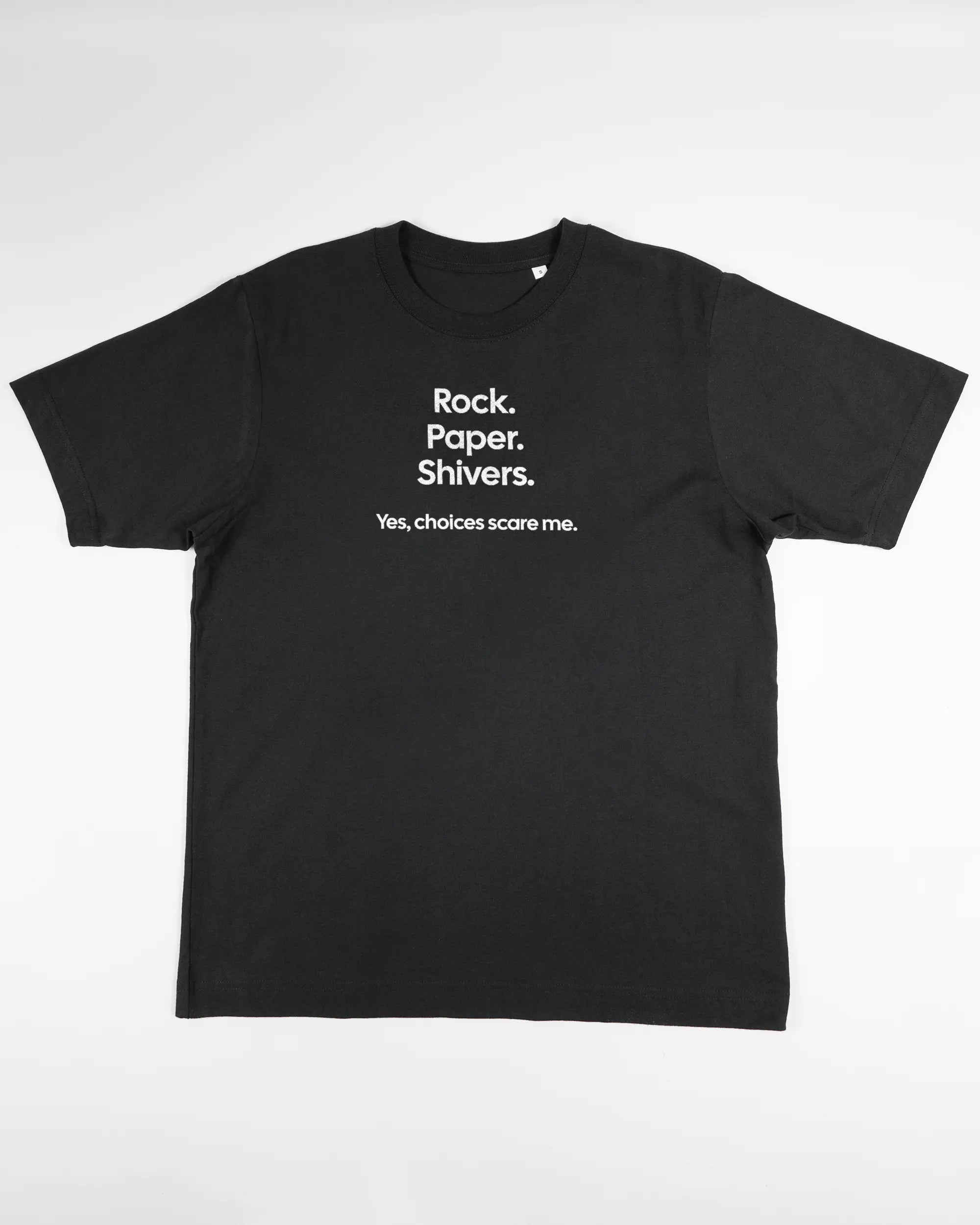 Vorderseite des Organic Unisex T-Shirt Heavy Oversized von Maondo mit dem Design Rock Paper Shivers in der Farbe Black und in der Größe S flach auf den Boden gelegt