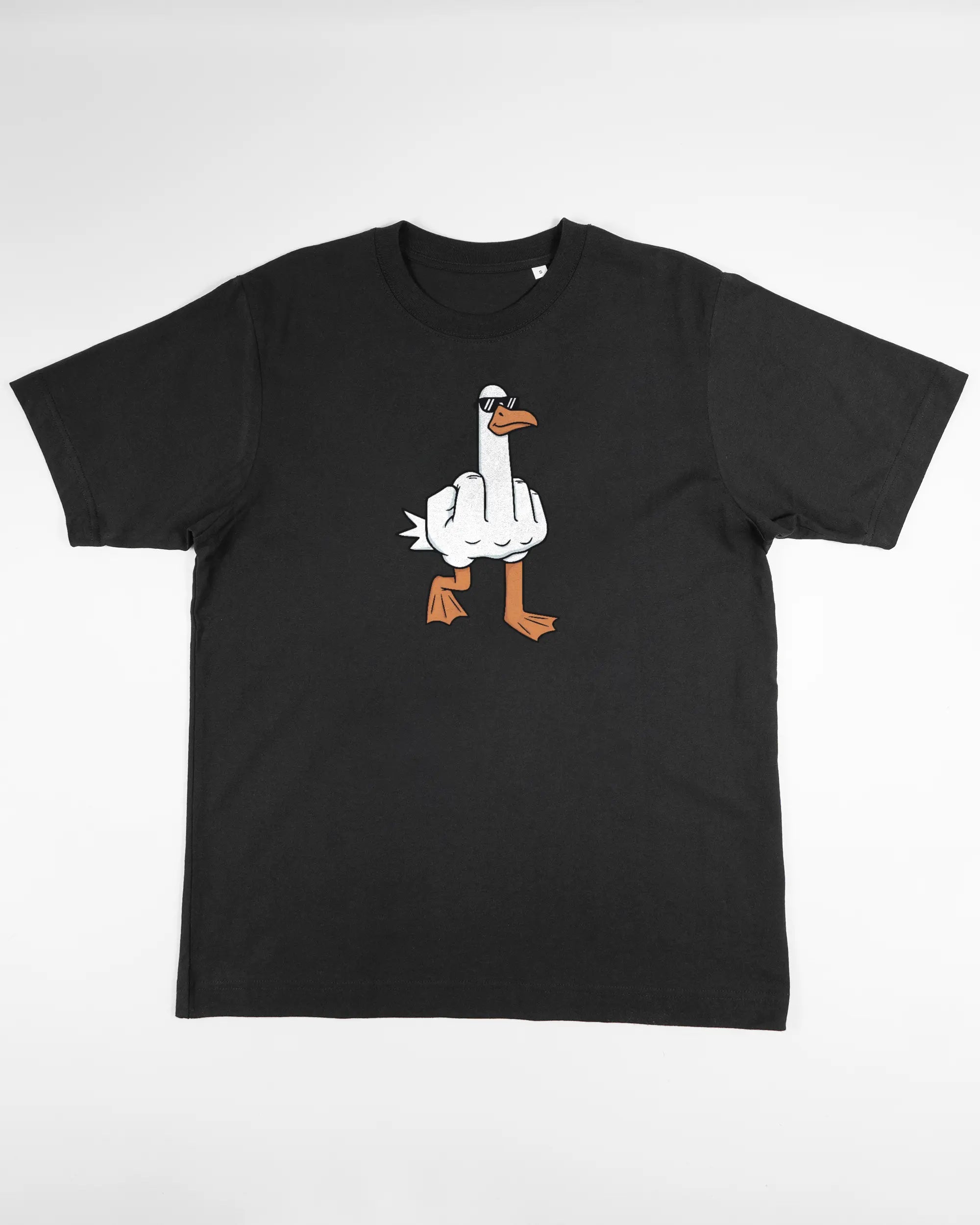 Vorderseite des Organic Unisex T-Shirt Heavy Oversized von Maondo mit dem Design I give a duck in der Farbe Black und in der Größe S flach auf den Boden gelegt