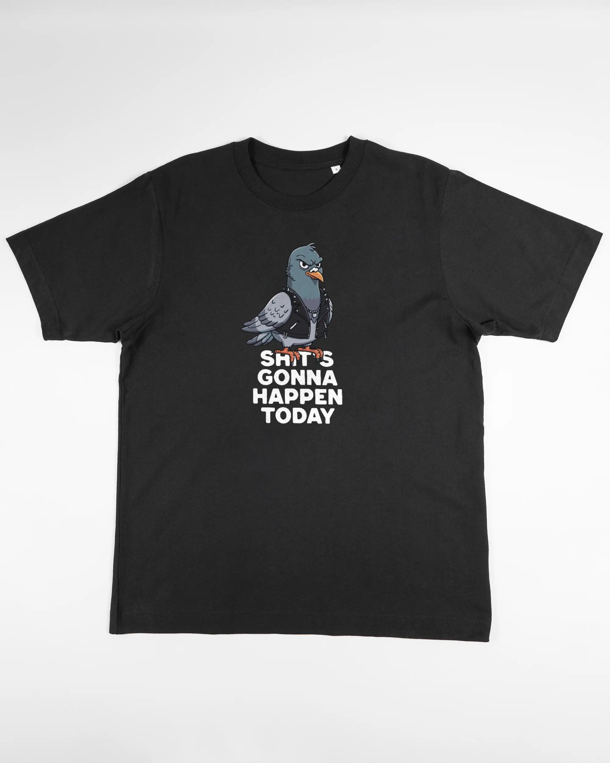 Vorderseite des Organic Unisex T-Shirt Heavy Oversized von Maondo mit dem Design Pigeon Pun in der Farbe Black und in der Größe S flach auf den Boden gelegt