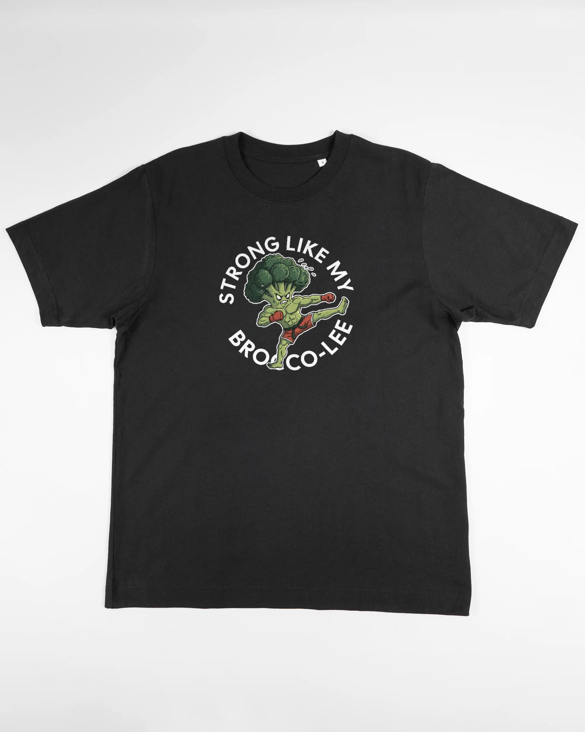 Vorderseite des Organic Unisex T-Shirt Heavy Oversized von Maondo mit dem Design Brocco-Lee in der Farbe Black und in der Größe S flach auf den Boden gelegt
