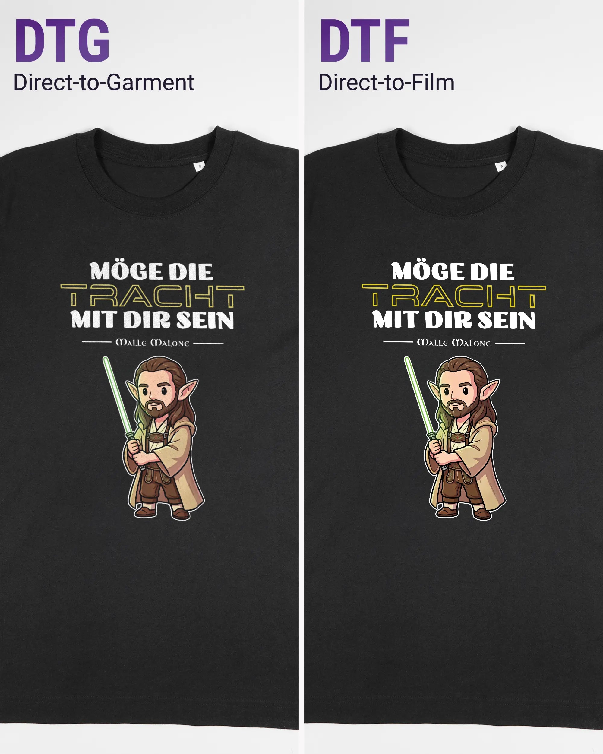 Vergleich der Vorderseiten des Organic Unisex T-Shirt Heavy Oversized von Maondo mit dem Design Tracht mit dir in der Farbe Black und in der Größe S links mit dem Direct-to-Garment und rechts mit dem Direct-to-Film Verfahren