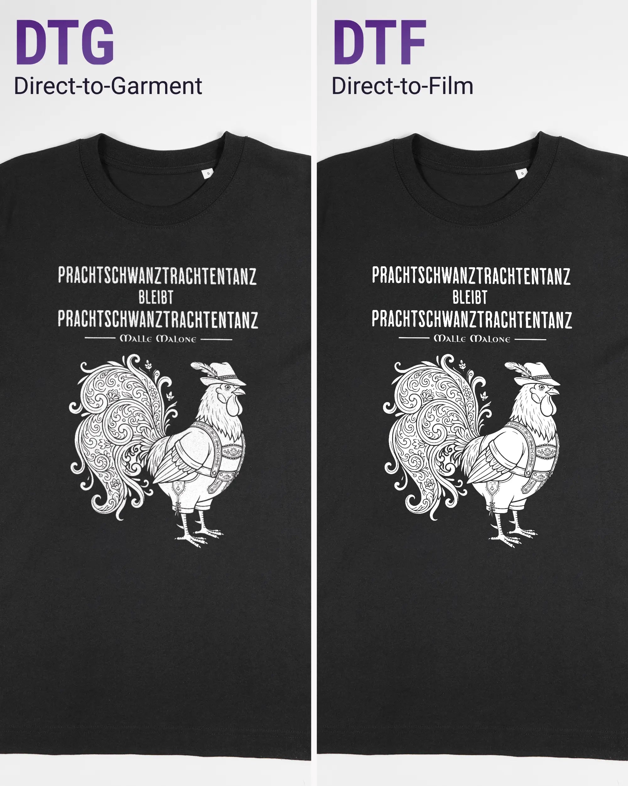 Vergleich der Vorderseiten des Organic Unisex T-Shirt Heavy Oversized von Maondo mit dem Design Trachtentanz in der Farbe Black und in der Größe S links mit dem Direct-to-Garment und rechts mit dem Direct-to-Film Verfahren