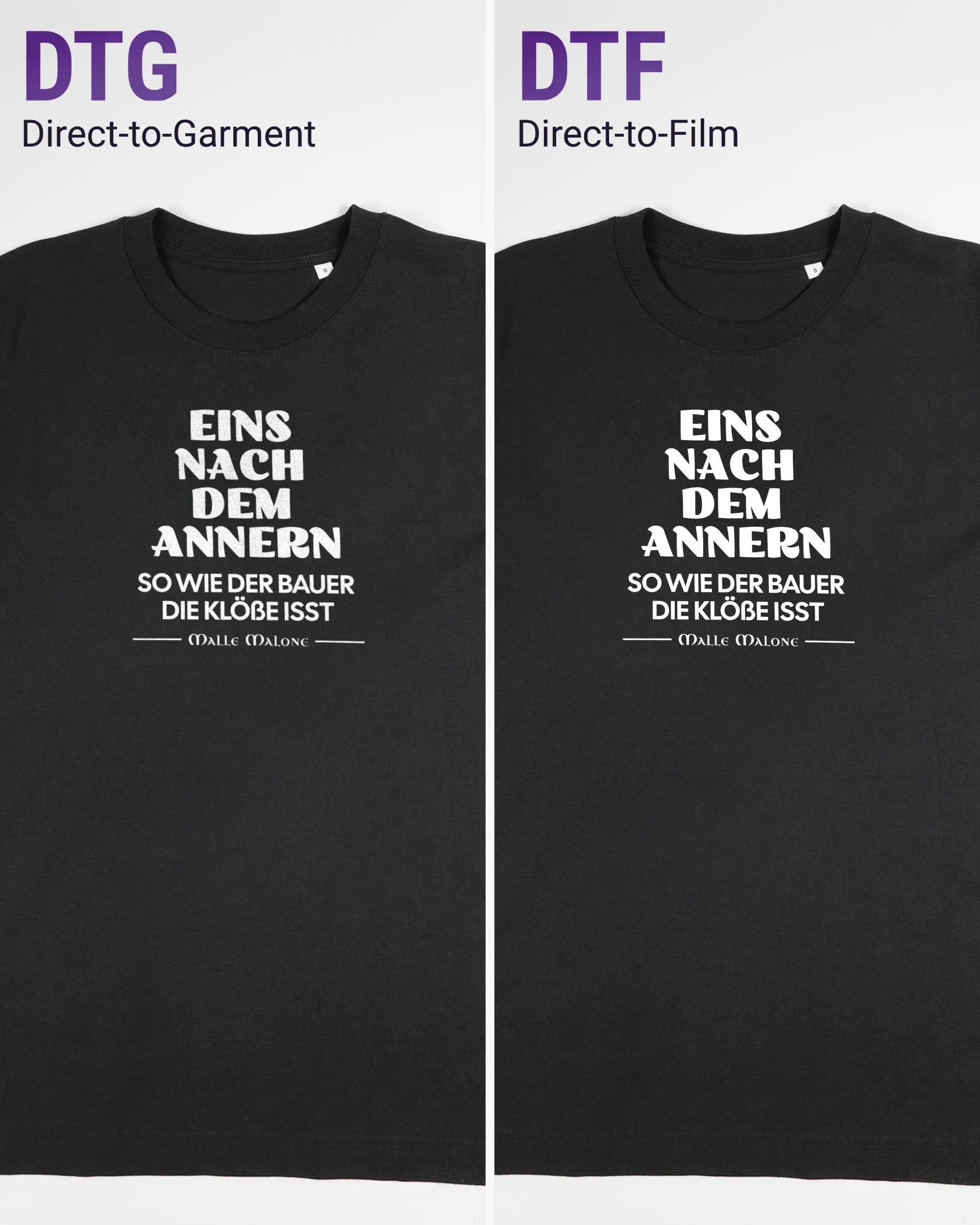 Vergleich der Vorderseiten des Organic Unisex T-Shirt Heavy Oversized von Maondo mit dem Design Eins nach dem Annern in der Farbe Black und in der Größe S links mit dem Direct-to-Garment und rechts mit dem Direct-to-Film Verfahren