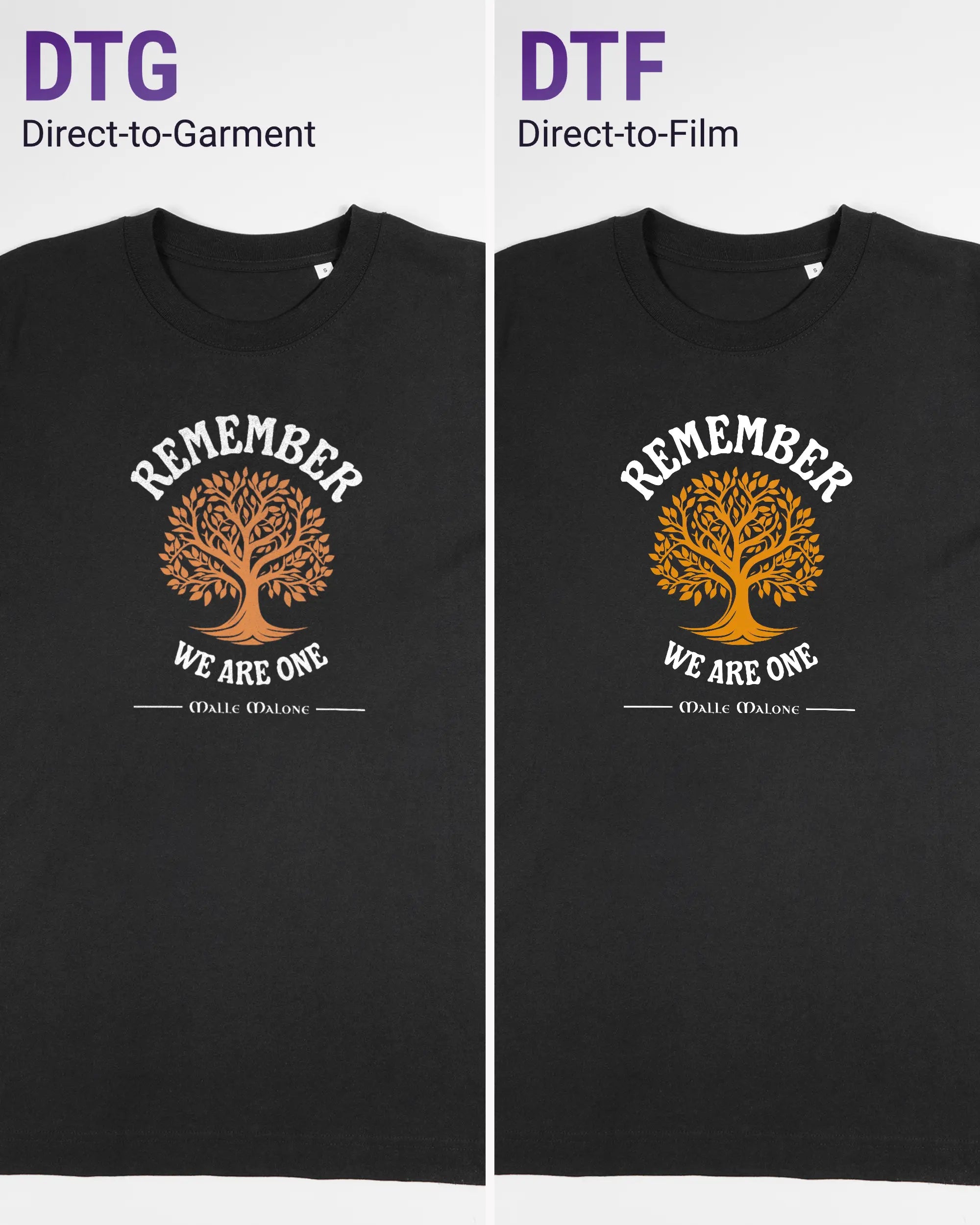 Vergleich der Vorderseiten des Organic Unisex T-Shirt Heavy Oversized von Maondo mit dem Design We are one in der Farbe Black und in der Größe S links mit dem Direct-to-Garment und rechts mit dem Direct-to-Film Verfahren