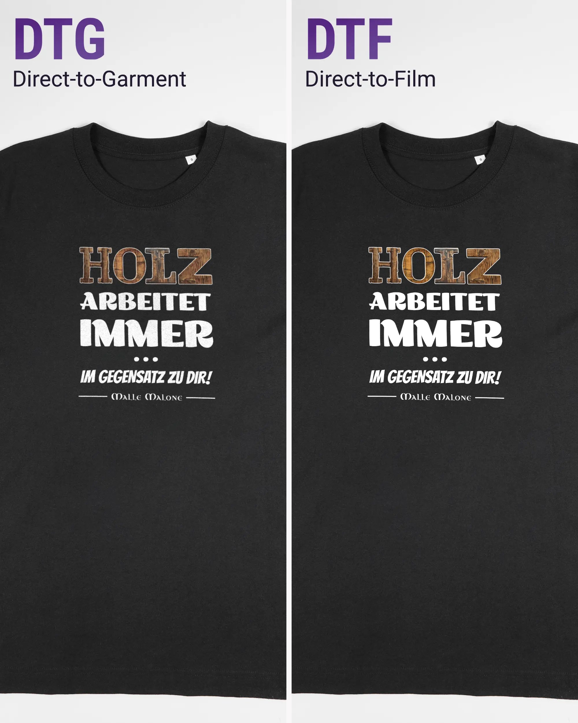 Vergleich der Vorderseiten des Organic Unisex T-Shirt Heavy Oversized von Maondo mit dem Design Holzarbeit in der Farbe Black und in der Größe S links mit dem Direct-to-Garment und rechts mit dem Direct-to-Film Verfahren
