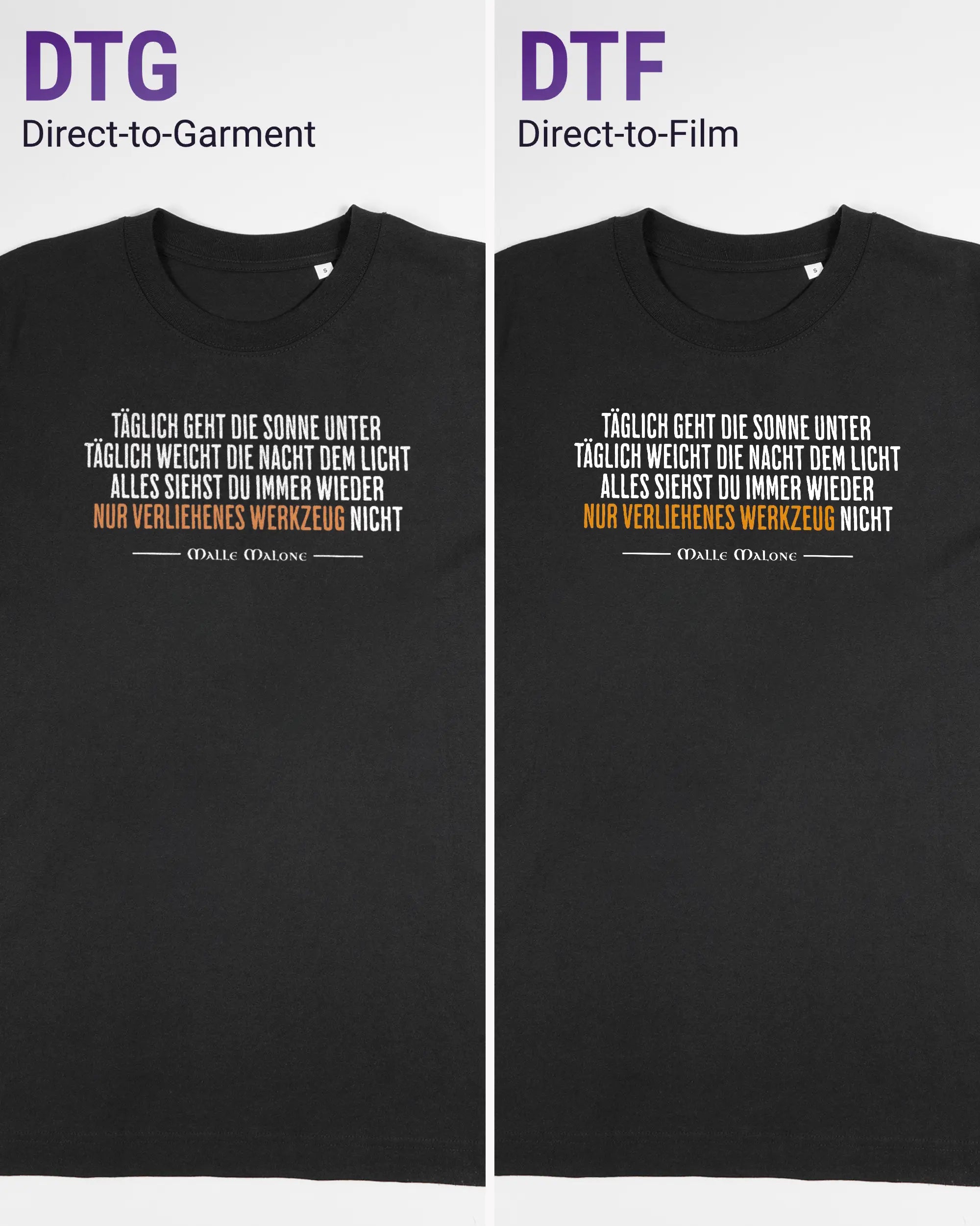 Vergleich der Vorderseiten des Organic Unisex T-Shirt Heavy Oversized von Maondo mit dem Design Wegzeug in der Farbe Black und in der Größe S links mit dem Direct-to-Garment und rechts mit dem Direct-to-Film Verfahren