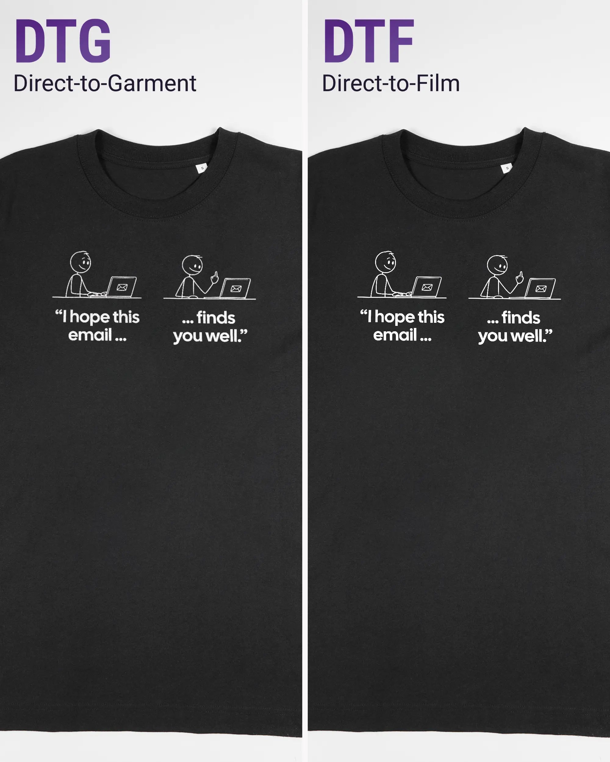 Vergleich der Vorderseiten des Organic Unisex T-Shirt Heavy Oversized von Maondo mit dem Design Found me not well in der Farbe Black und in der Größe S links mit dem Direct-to-Garment und rechts mit dem Direct-to-Film Verfahren