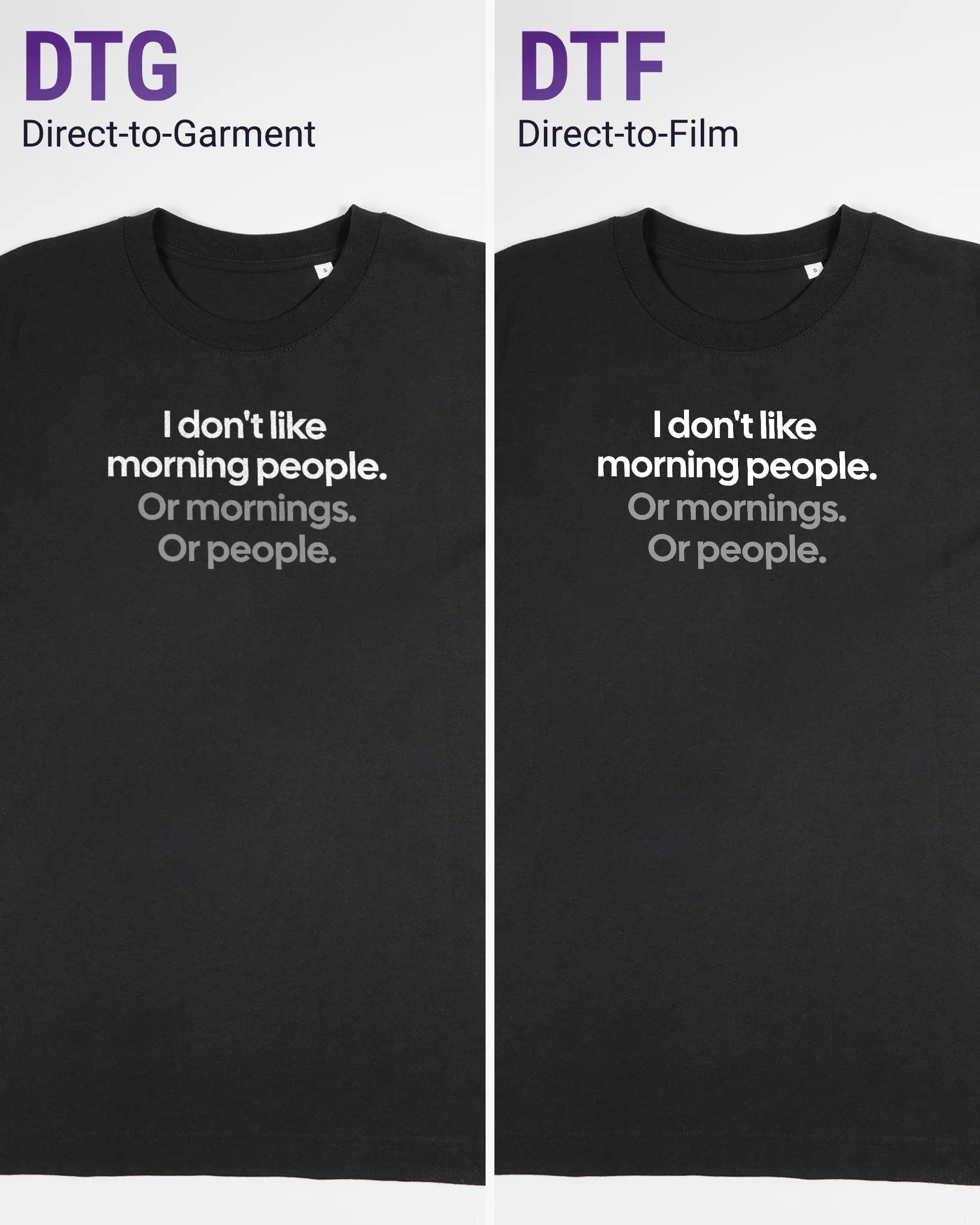 Vergleich der Vorderseiten des Organic Unisex T-Shirt Heavy Oversized von Maondo mit dem Design Morning Person in der Farbe Black und in der Größe S links mit dem Direct-to-Garment und rechts mit dem Direct-to-Film Verfahren