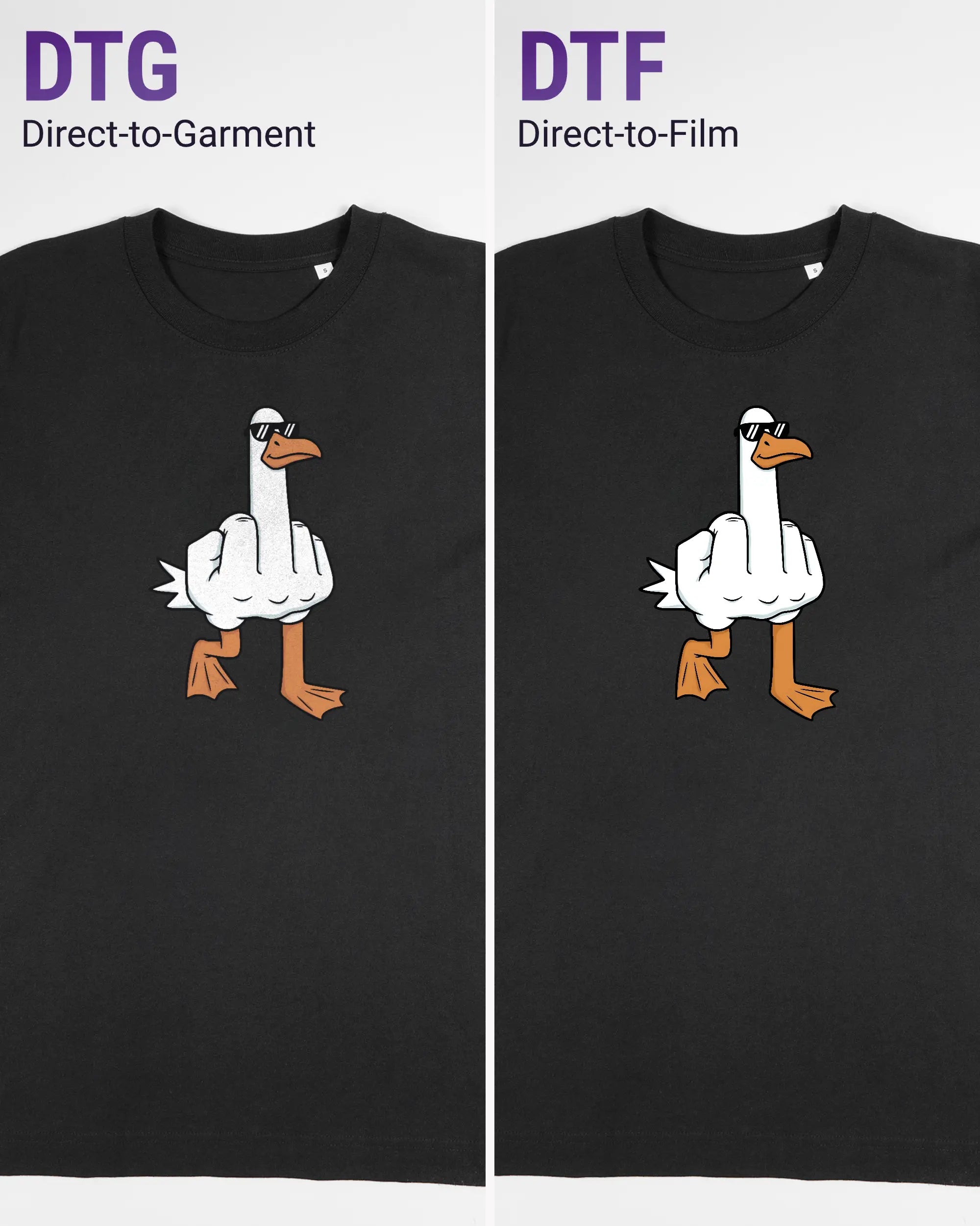 Vergleich der Vorderseiten des Organic Unisex T-Shirt Heavy Oversized von Maondo mit dem Design I give a duck in der Farbe Black und in der Größe S links mit dem Direct-to-Garment und rechts mit dem Direct-to-Film Verfahren