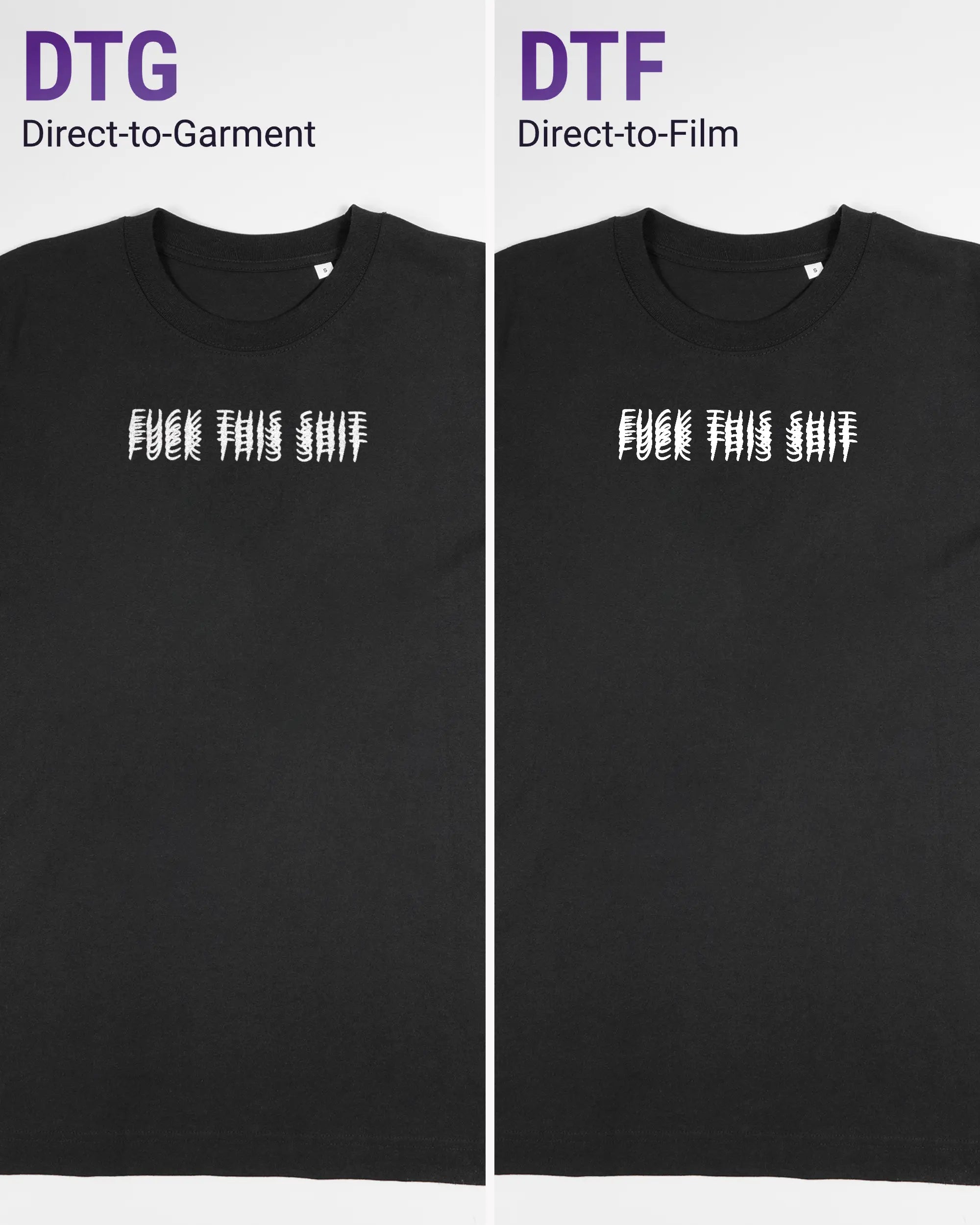 Vergleich der Vorderseiten des Organic Unisex T-Shirt Heavy Oversized von Maondo mit dem Design Hidden Message in der Farbe Black und in der Größe S links mit dem Direct-to-Garment und rechts mit dem Direct-to-Film Verfahren