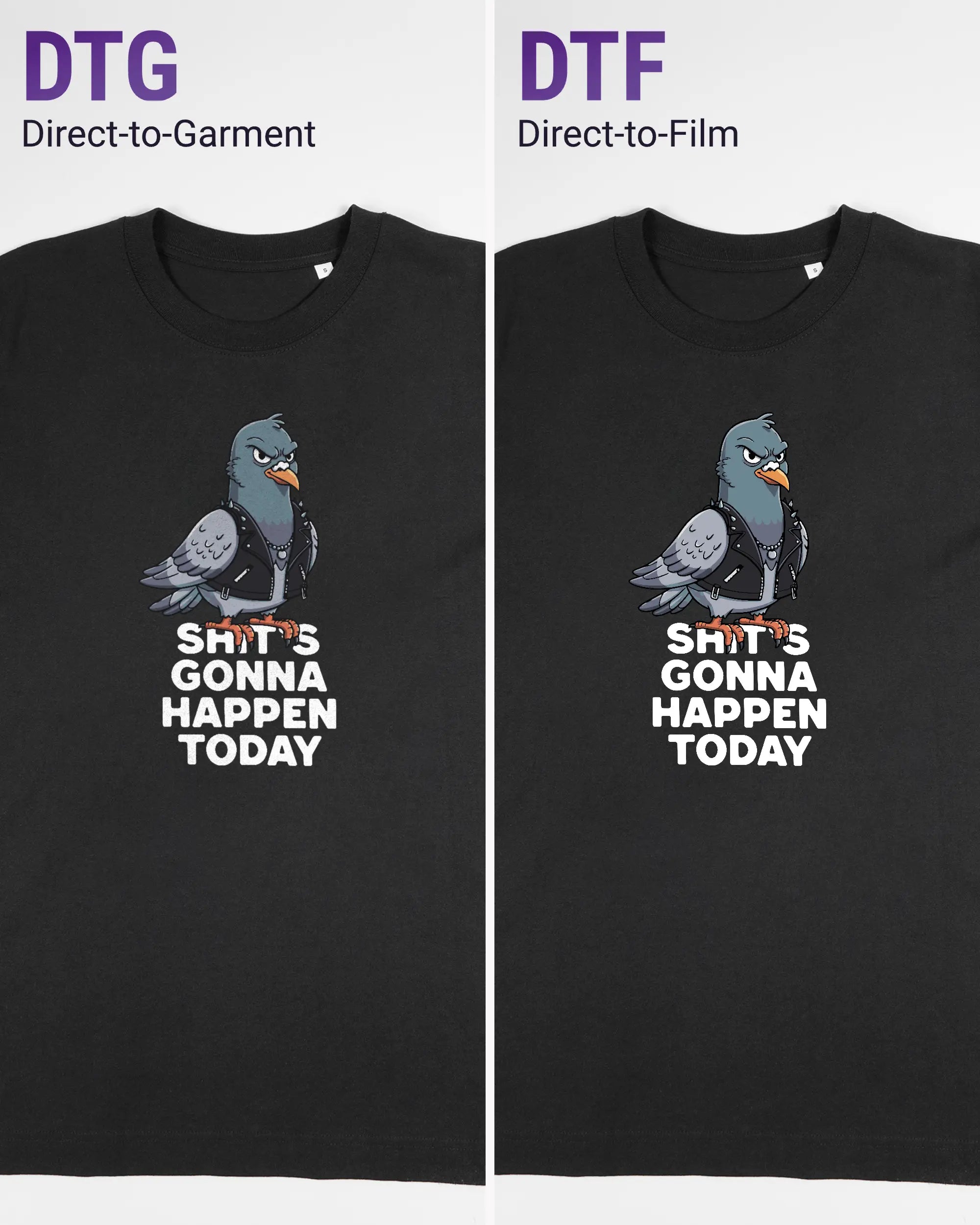 Vergleich der Vorderseiten des Organic Unisex T-Shirt Heavy Oversized von Maondo mit dem Design Pigeon Pun in der Farbe Black und in der Größe S links mit dem Direct-to-Garment und rechts mit dem Direct-to-Film Verfahren