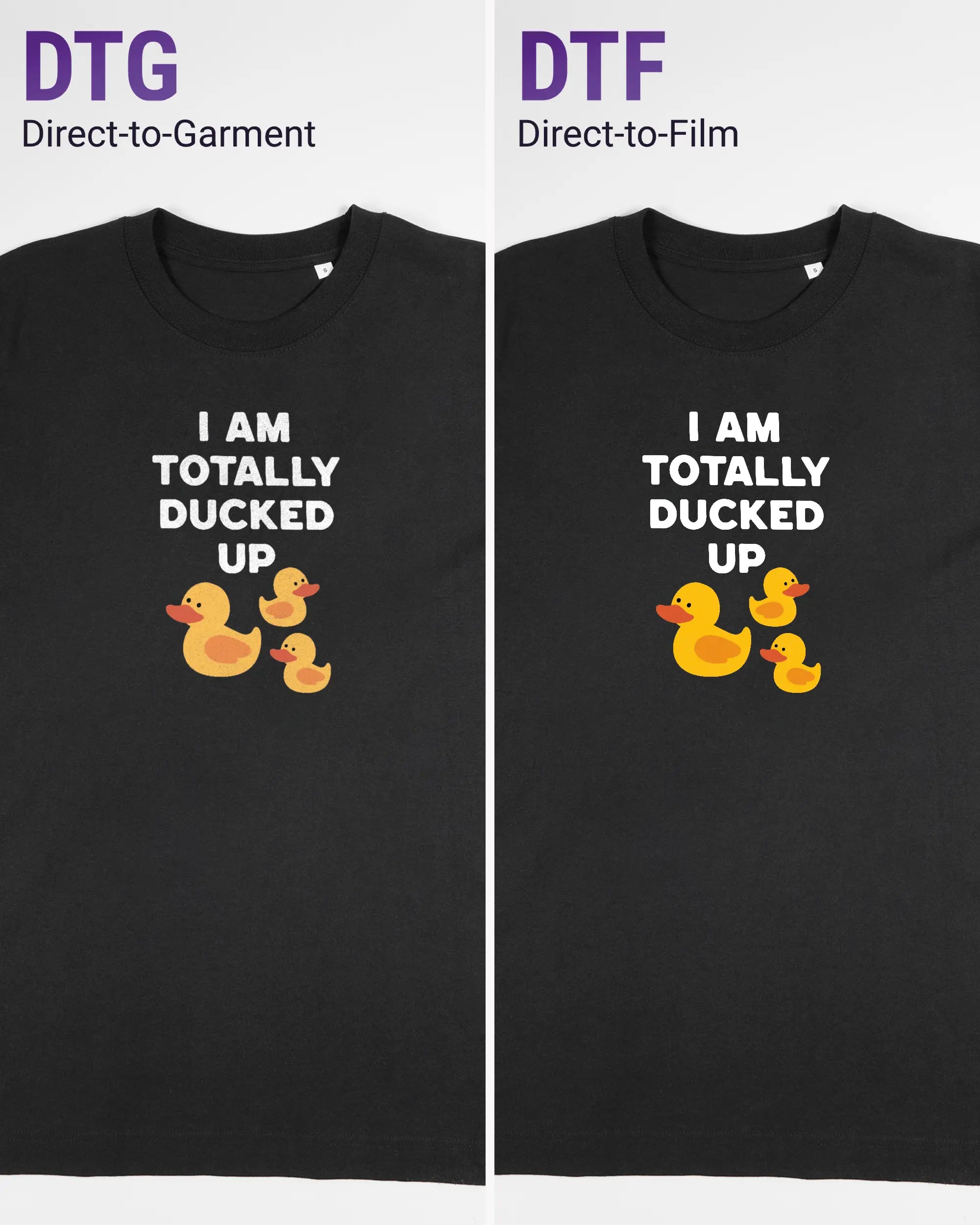 Vergleich der Vorderseiten des Organic Unisex T-Shirt Heavy Oversized von Maondo mit dem Design Ducked Up in der Farbe Black und in der Größe S links mit dem Direct-to-Garment und rechts mit dem Direct-to-Film Verfahren