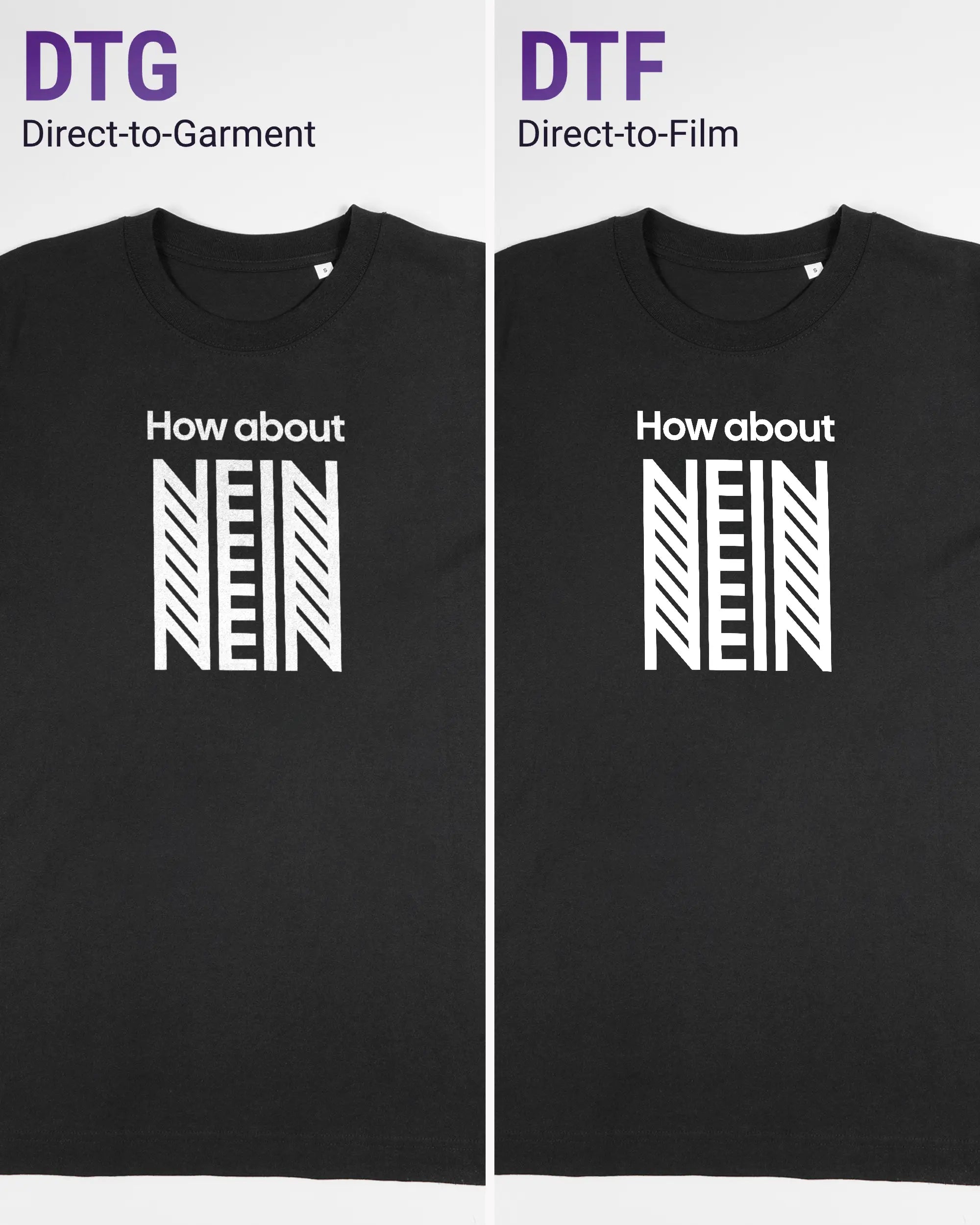 Vergleich der Vorderseiten des Organic Unisex T-Shirt Heavy Oversized von Maondo mit dem Design How about nein in der Farbe Black und in der Größe S links mit dem Direct-to-Garment und rechts mit dem Direct-to-Film Verfahren