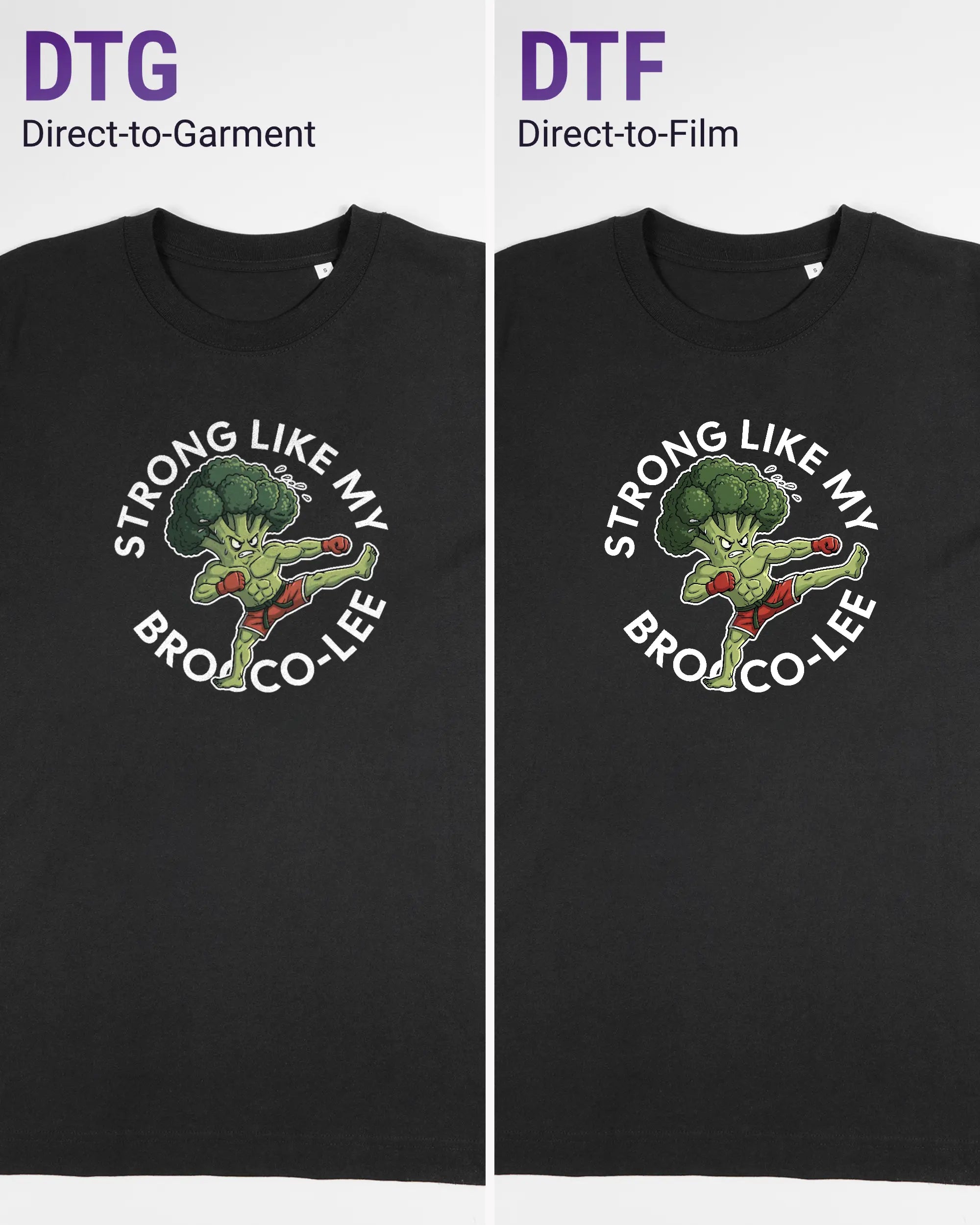 Vergleich der Vorderseiten des Organic Unisex T-Shirt Heavy Oversized von Maondo mit dem Design Brocco-Lee in der Farbe Black und in der Größe S links mit dem Direct-to-Garment und rechts mit dem Direct-to-Film Verfahren