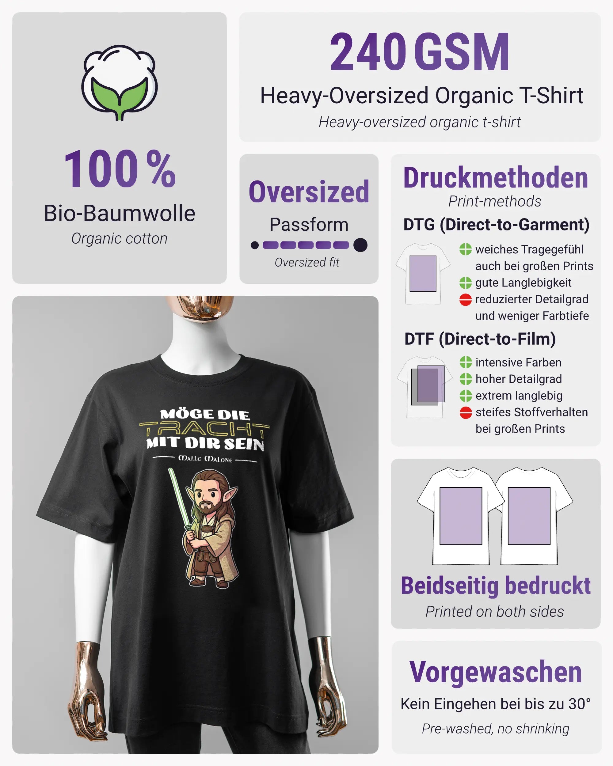 Produktinformationsblatt des Organic Unisex T-Shirt Heavy Oversized von Maondo mit dem Design Tracht mit dir vorne in der Farbe Black und in der Größe S