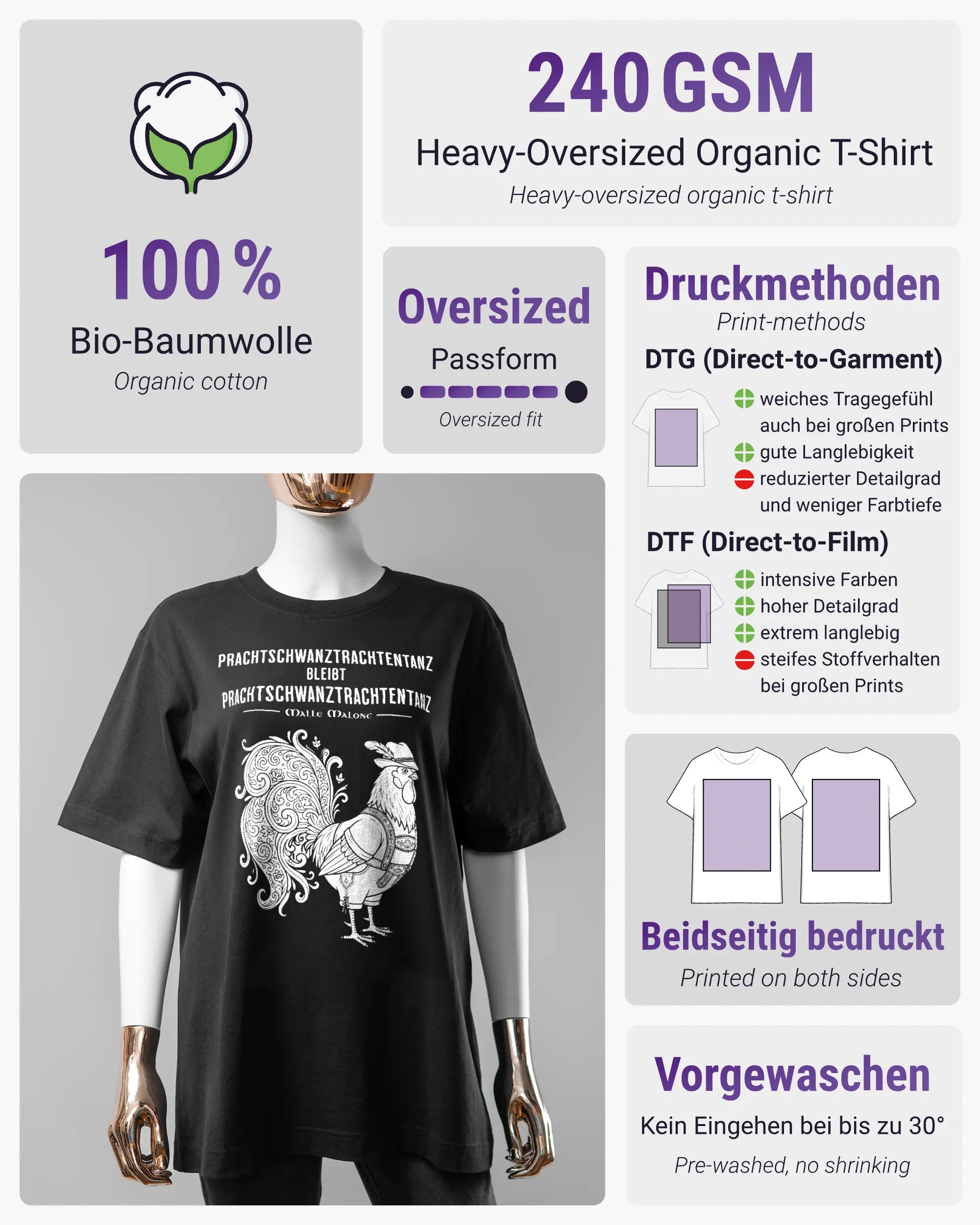 Produktinformationsblatt des Organic Unisex T-Shirt Heavy Oversized von Maondo mit dem Design Trachtentanz vorne in der Farbe Black und in der Größe S
