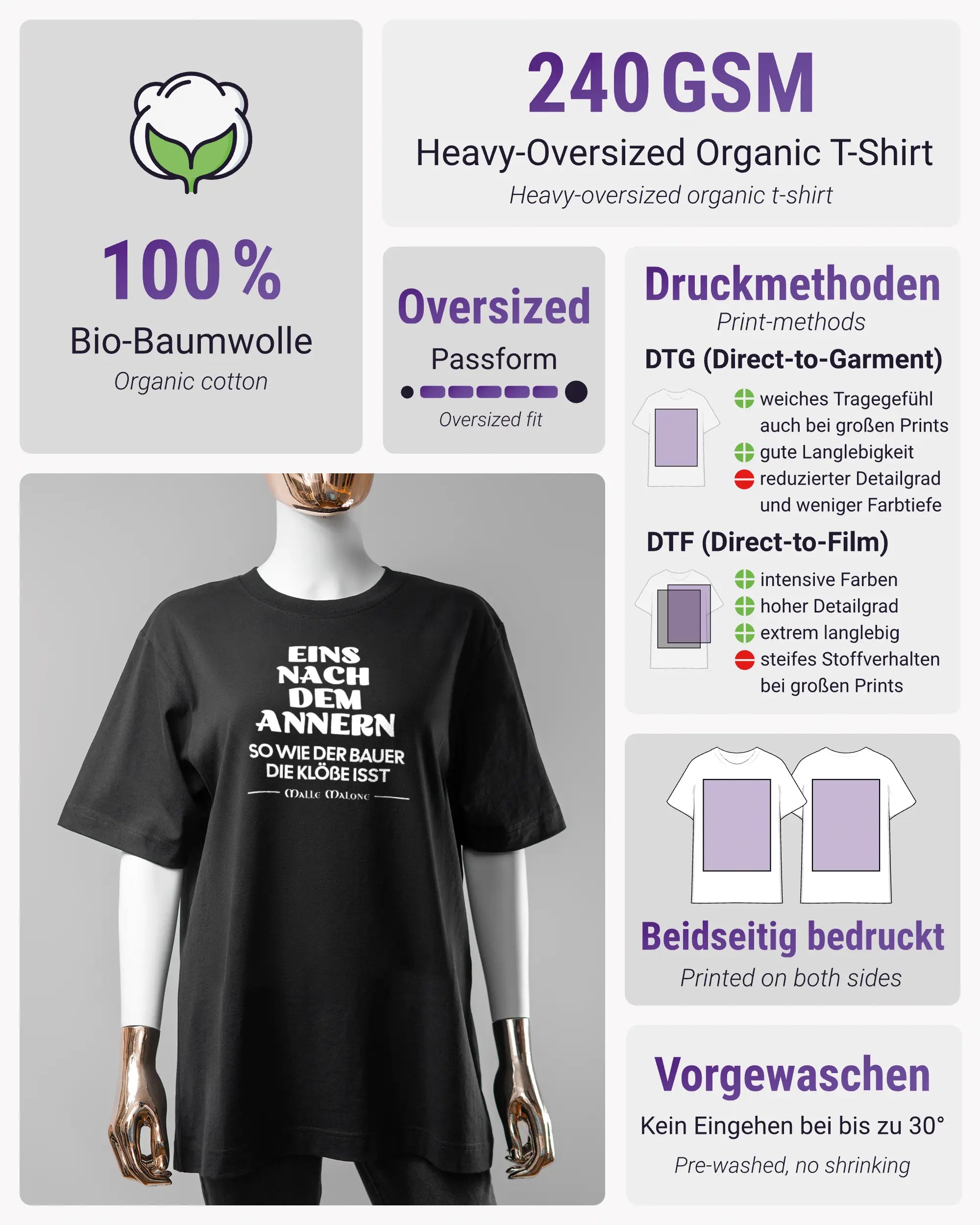 Produktinformationsblatt des Organic Unisex T-Shirt Heavy Oversized von Maondo mit dem Design Eins nach dem Annern vorne in der Farbe Black und in der Größe S