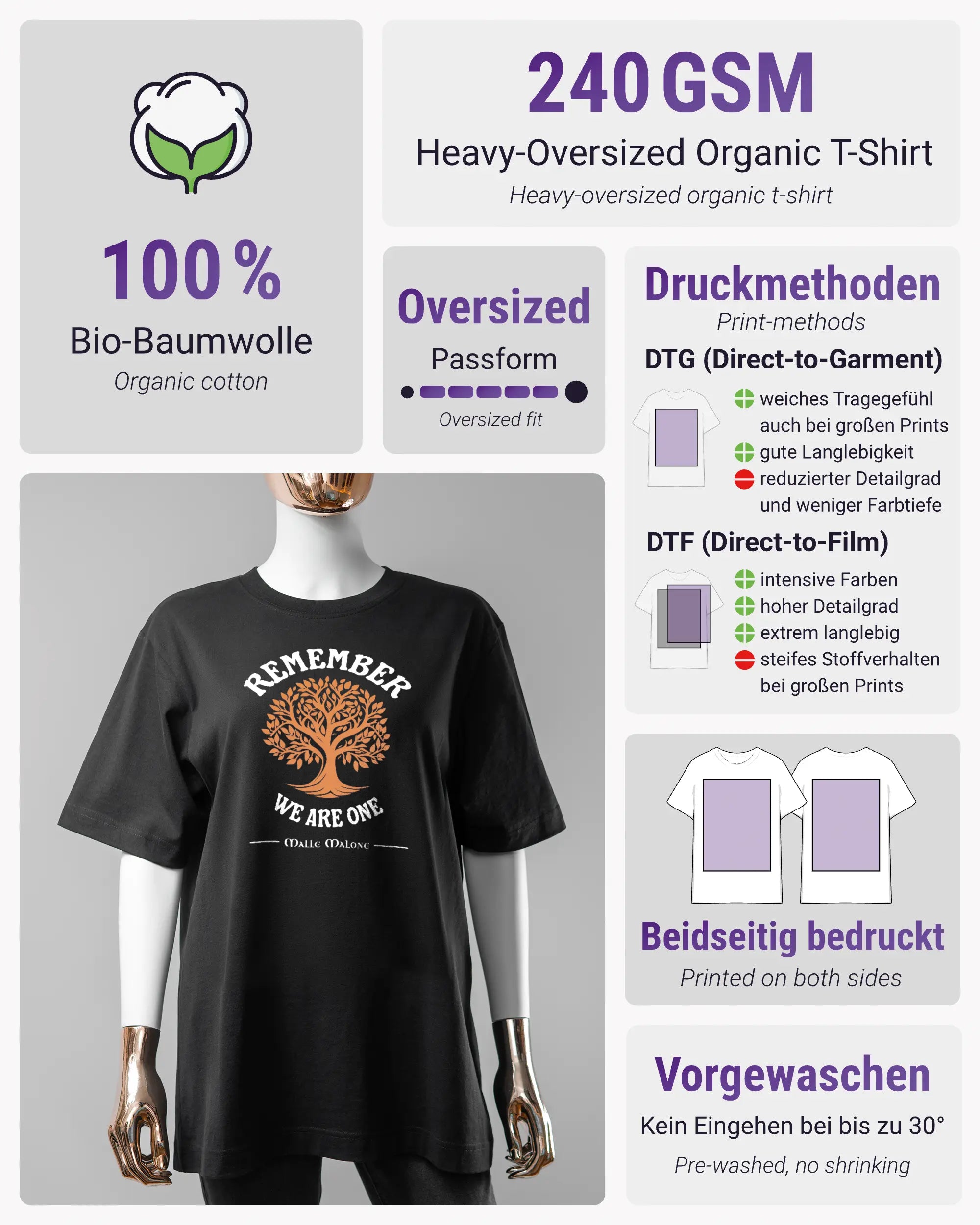 Produktinformationsblatt des Organic Unisex T-Shirt Heavy Oversized von Maondo mit dem Design We are one vorne in der Farbe Black und in der Größe S