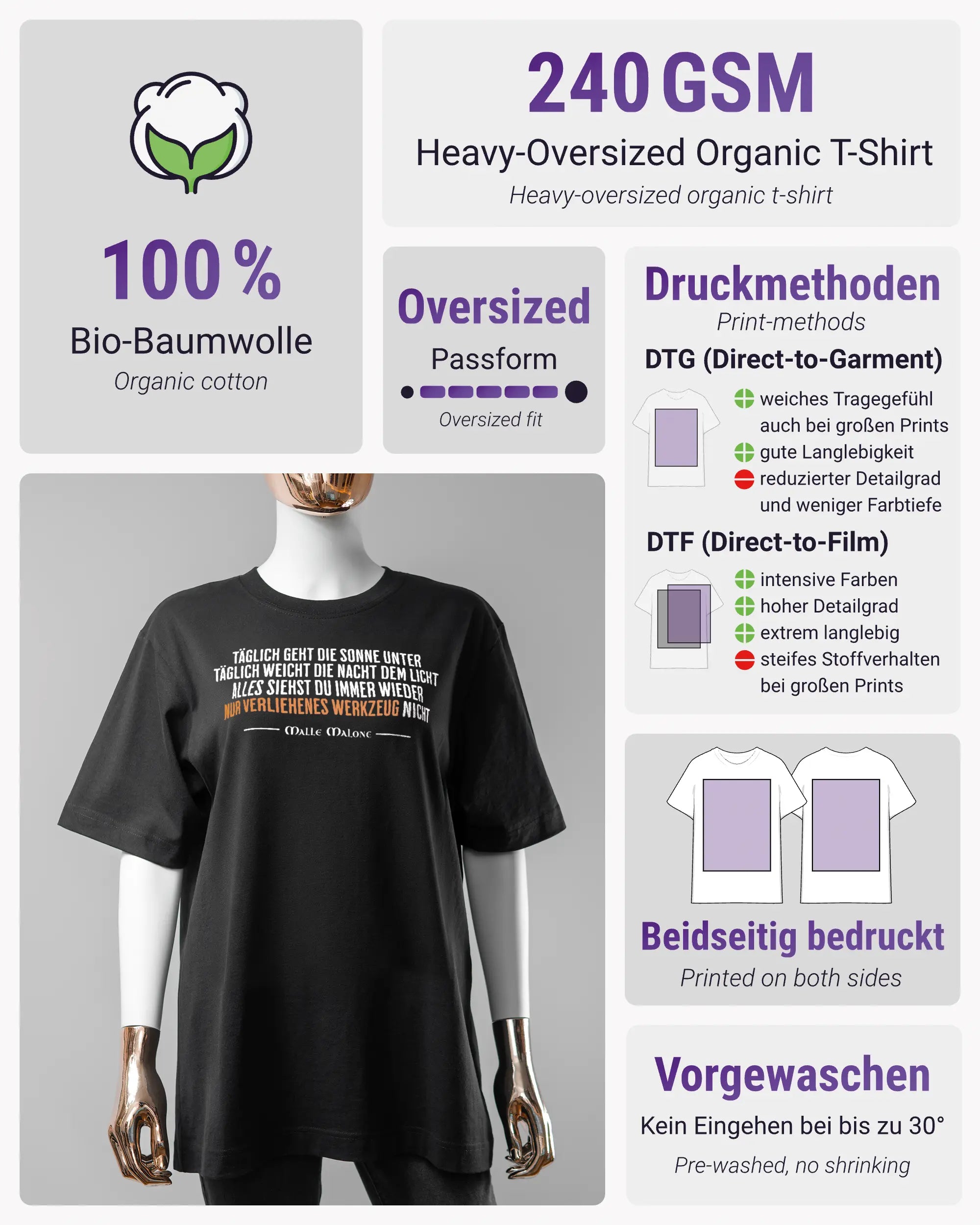 Produktinformationsblatt des Organic Unisex T-Shirt Heavy Oversized von Maondo mit dem Design Wegzeug vorne in der Farbe Black und in der Größe S
