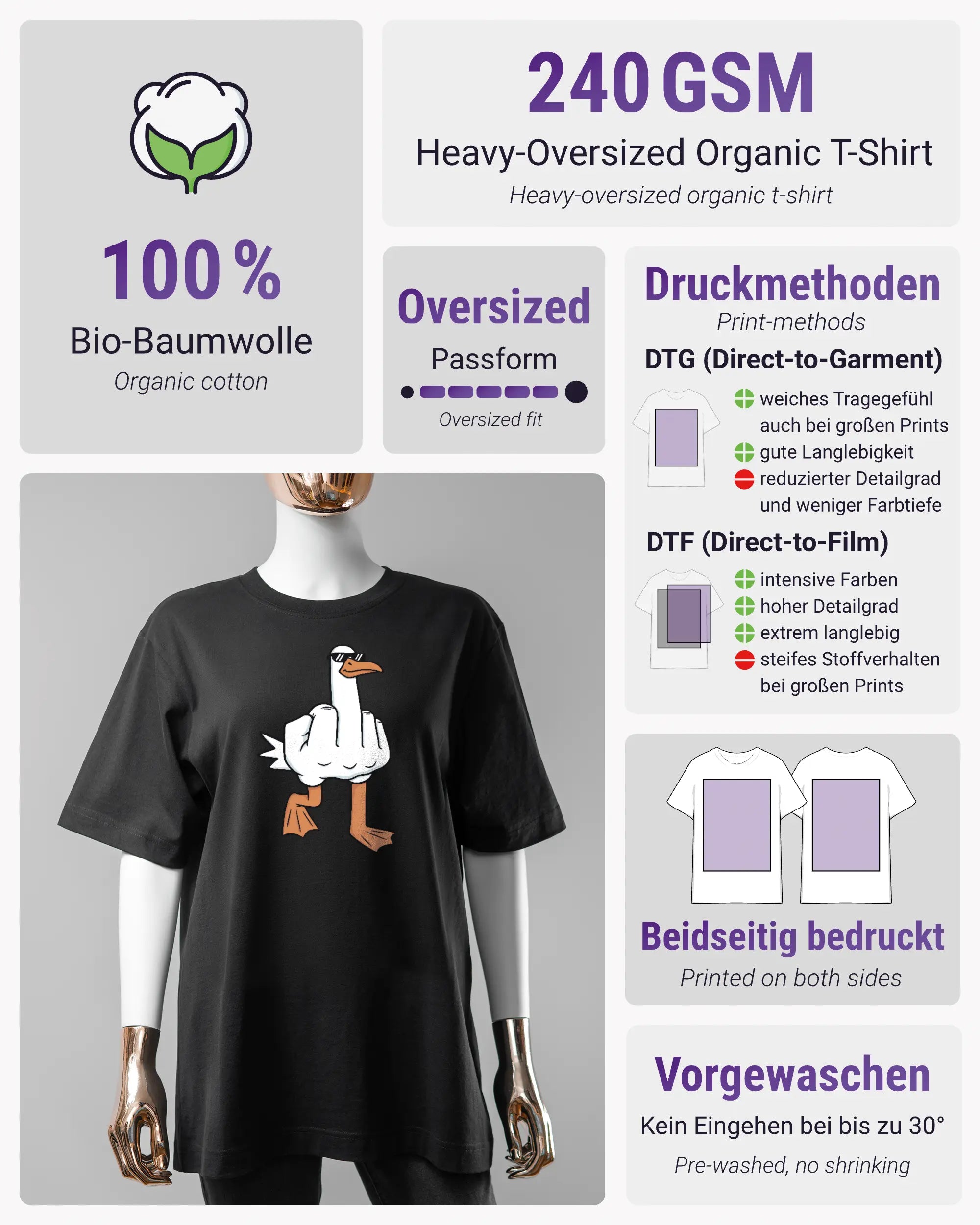 Produktinformationsblatt des Organic Unisex T-Shirt Heavy Oversized von Maondo mit dem Design I give a duck vorne in der Farbe Black und in der Größe S