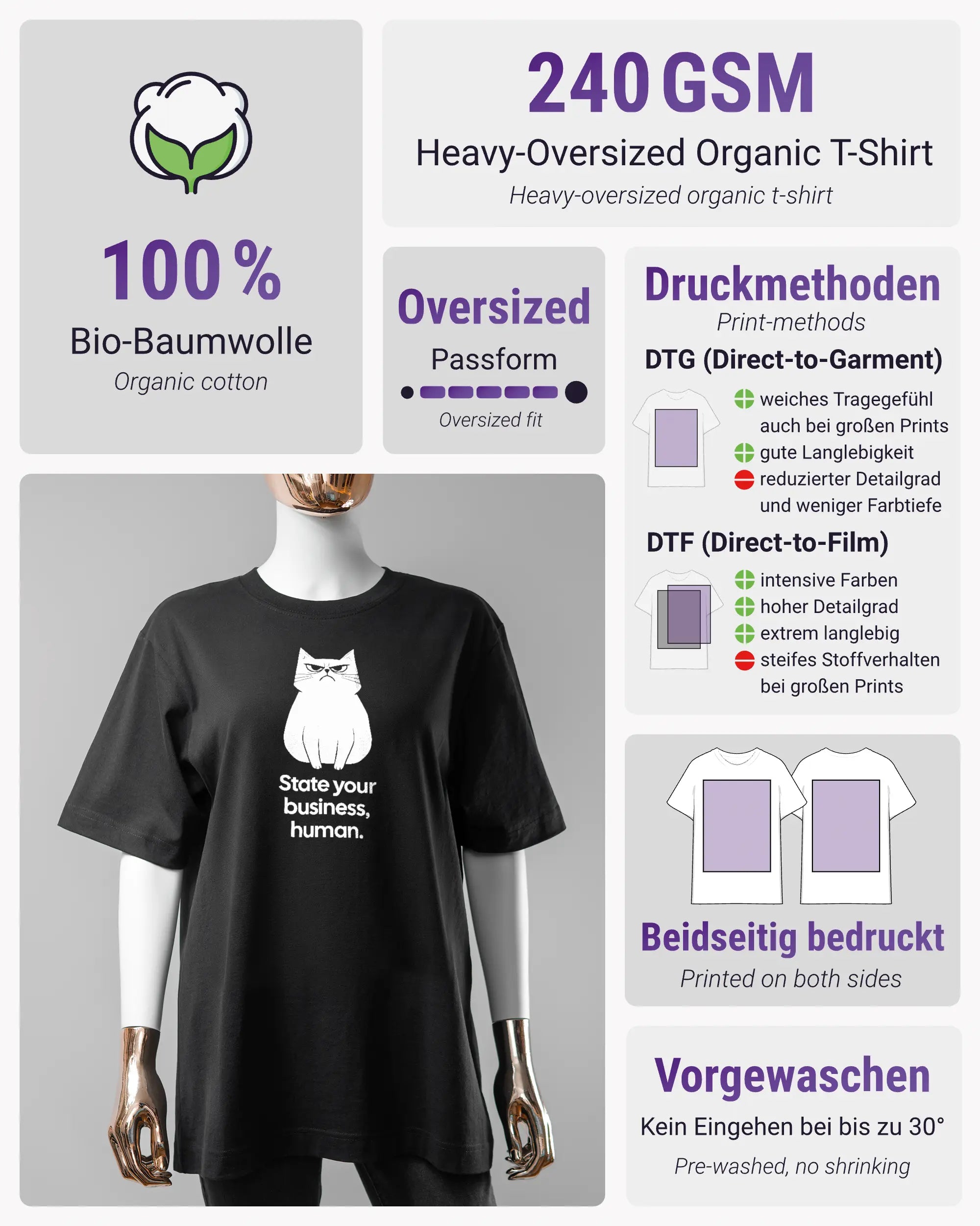 Produktinformationsblatt des Organic Unisex T-Shirt Heavy Oversized von Maondo mit dem Design Grumpy Purr vorne in der Farbe Black und in der Größe S