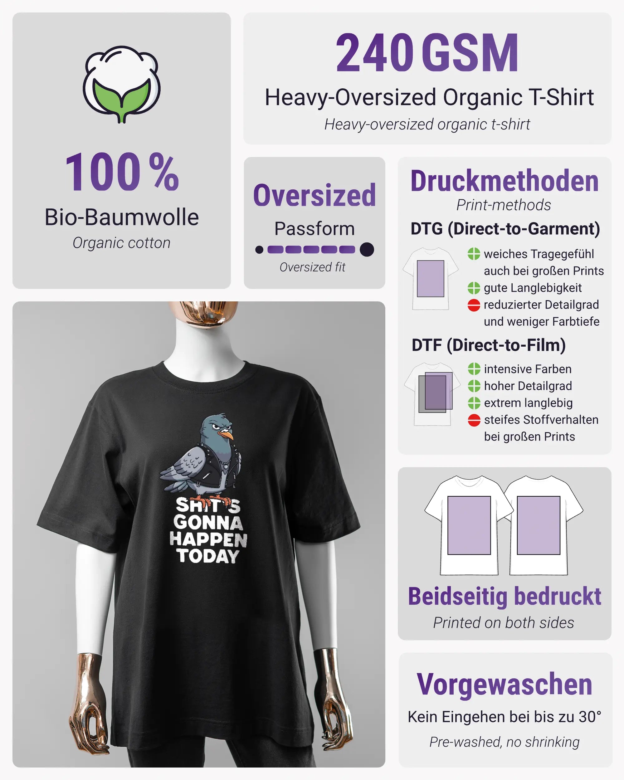 Produktinformationsblatt des Organic Unisex T-Shirt Heavy Oversized von Maondo mit dem Design Pigeon Pun vorne in der Farbe Black und in der Größe S