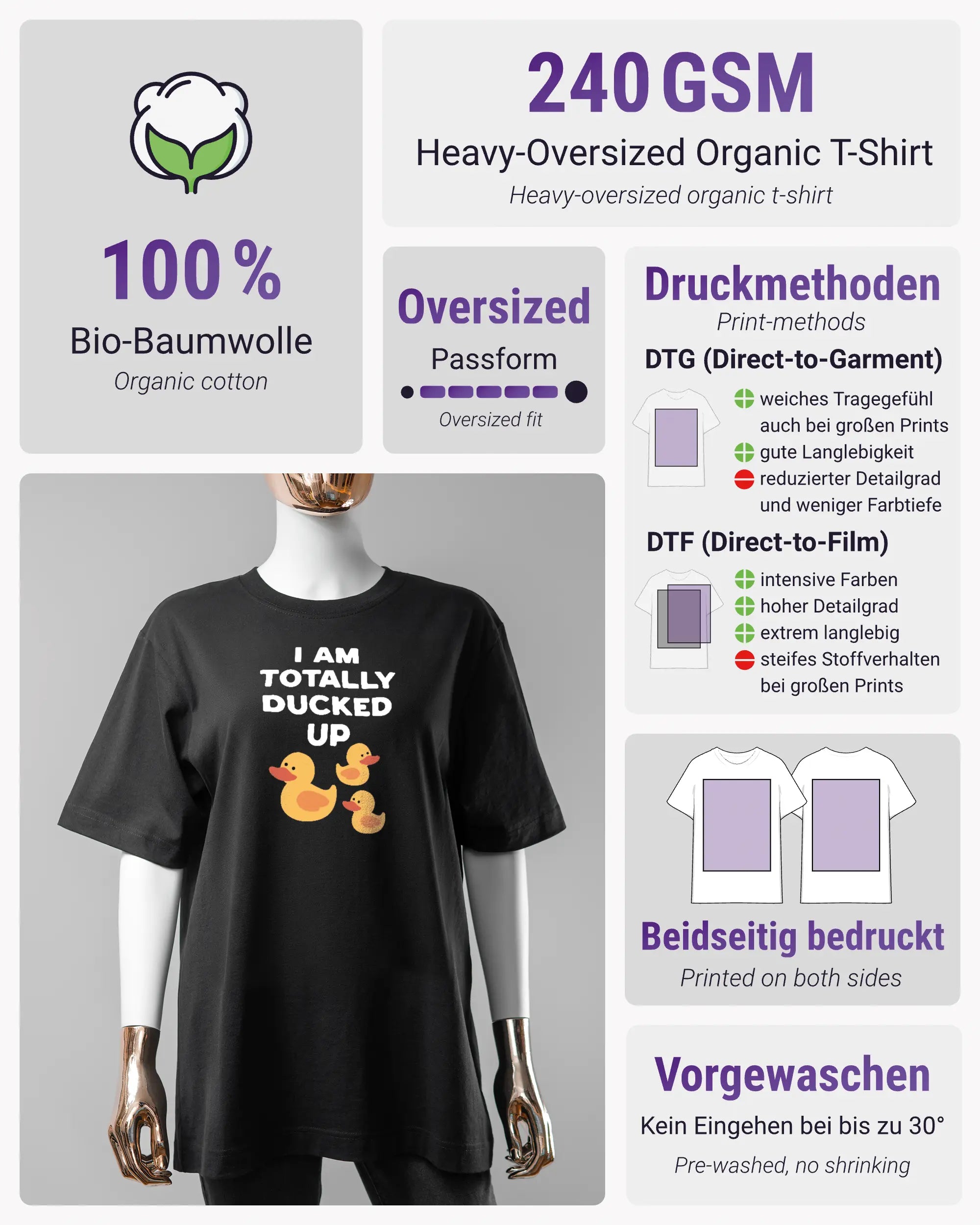 Produktinformationsblatt des Organic Unisex T-Shirt Heavy Oversized von Maondo mit dem Design Ducked Up vorne in der Farbe Black und in der Größe S