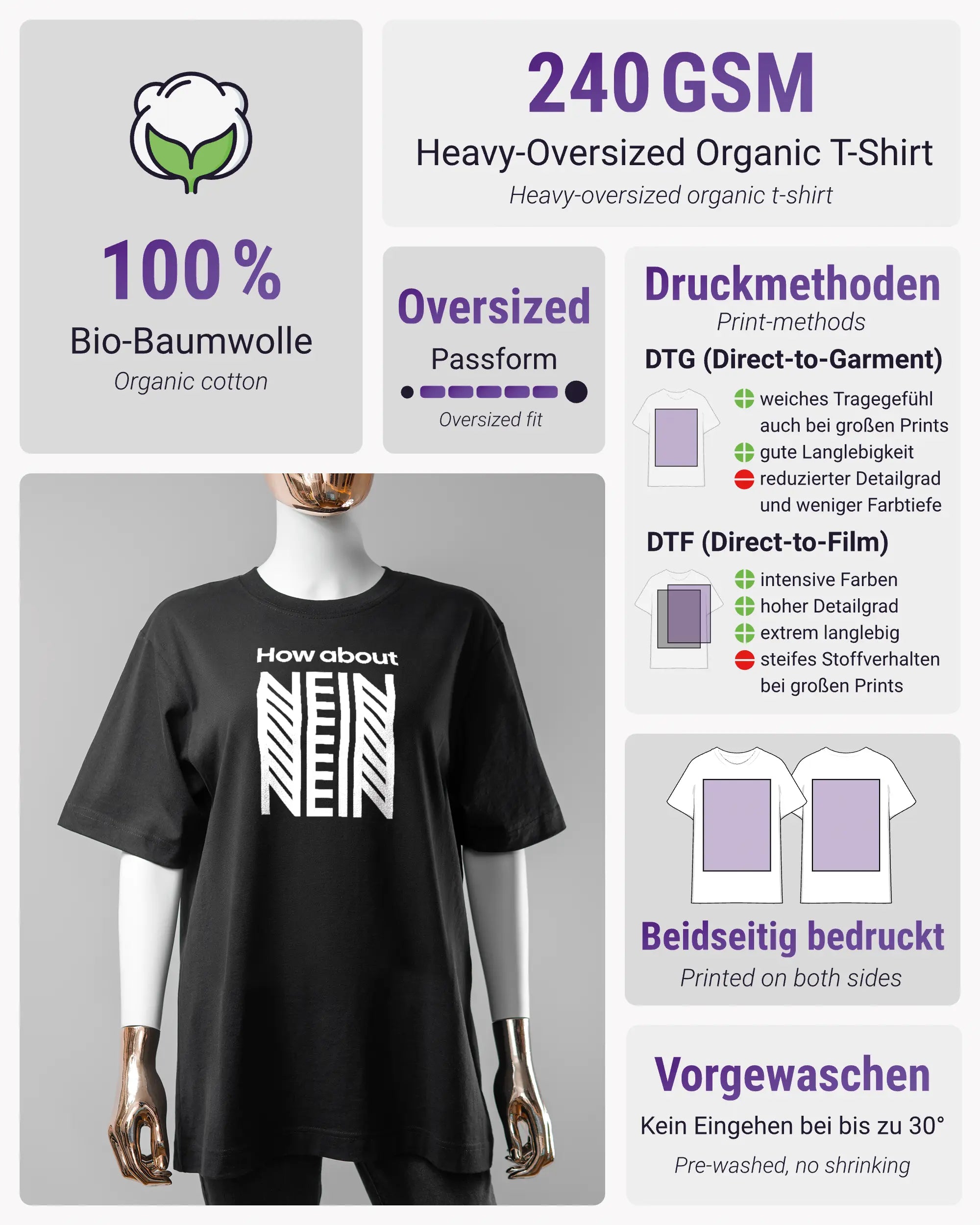 Produktinformationsblatt des Organic Unisex T-Shirt Heavy Oversized von Maondo mit dem Design How about nein vorne in der Farbe Black und in der Größe S