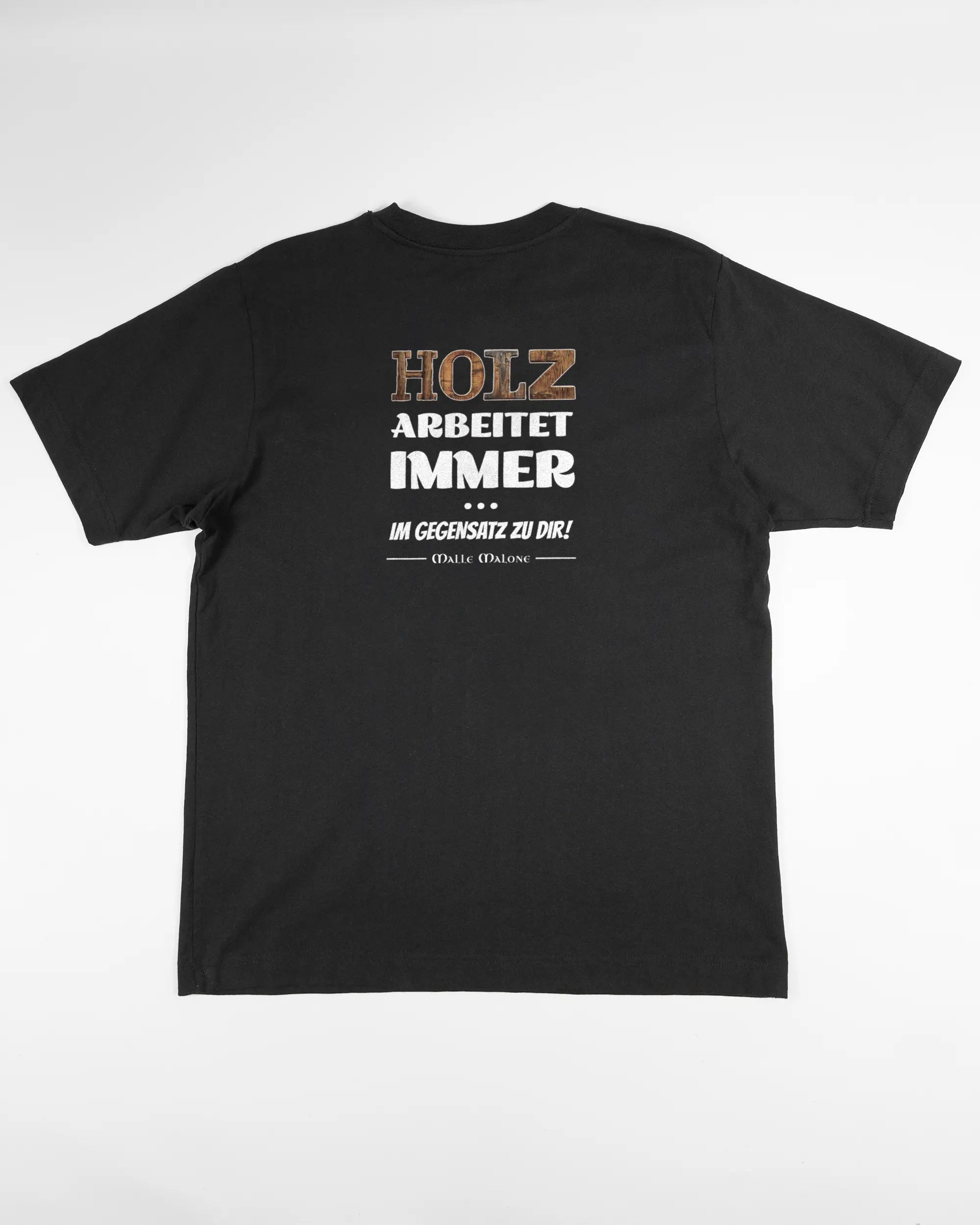 Rückseite des Organic Unisex T-Shirt Heavy Oversized von Maondo mit dem Design Holzarbeit in der Farbe Black und in der Größe S flach auf den Boden gelegt